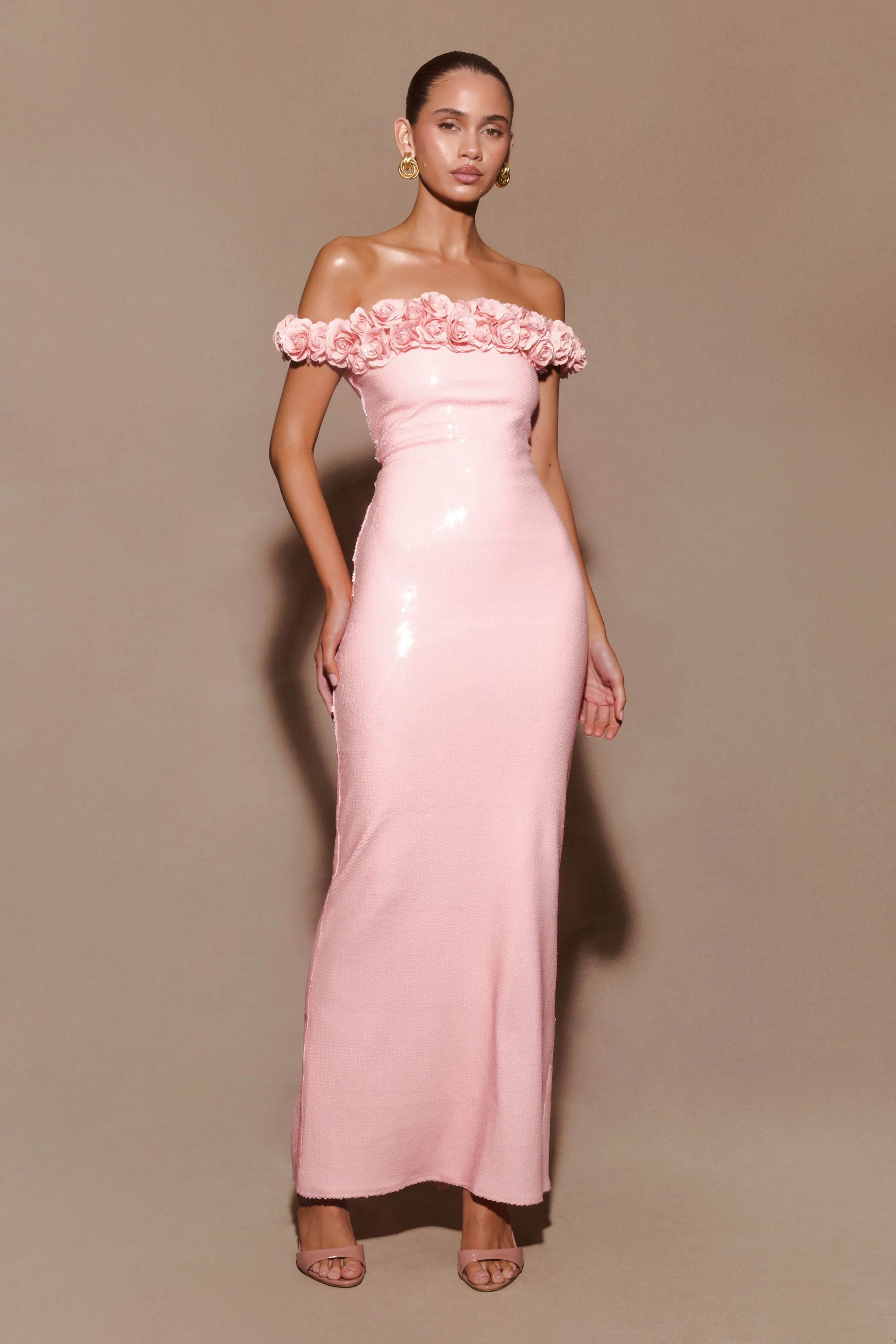 Carrie Sequin Rose Maxi Dress - Pale Pink