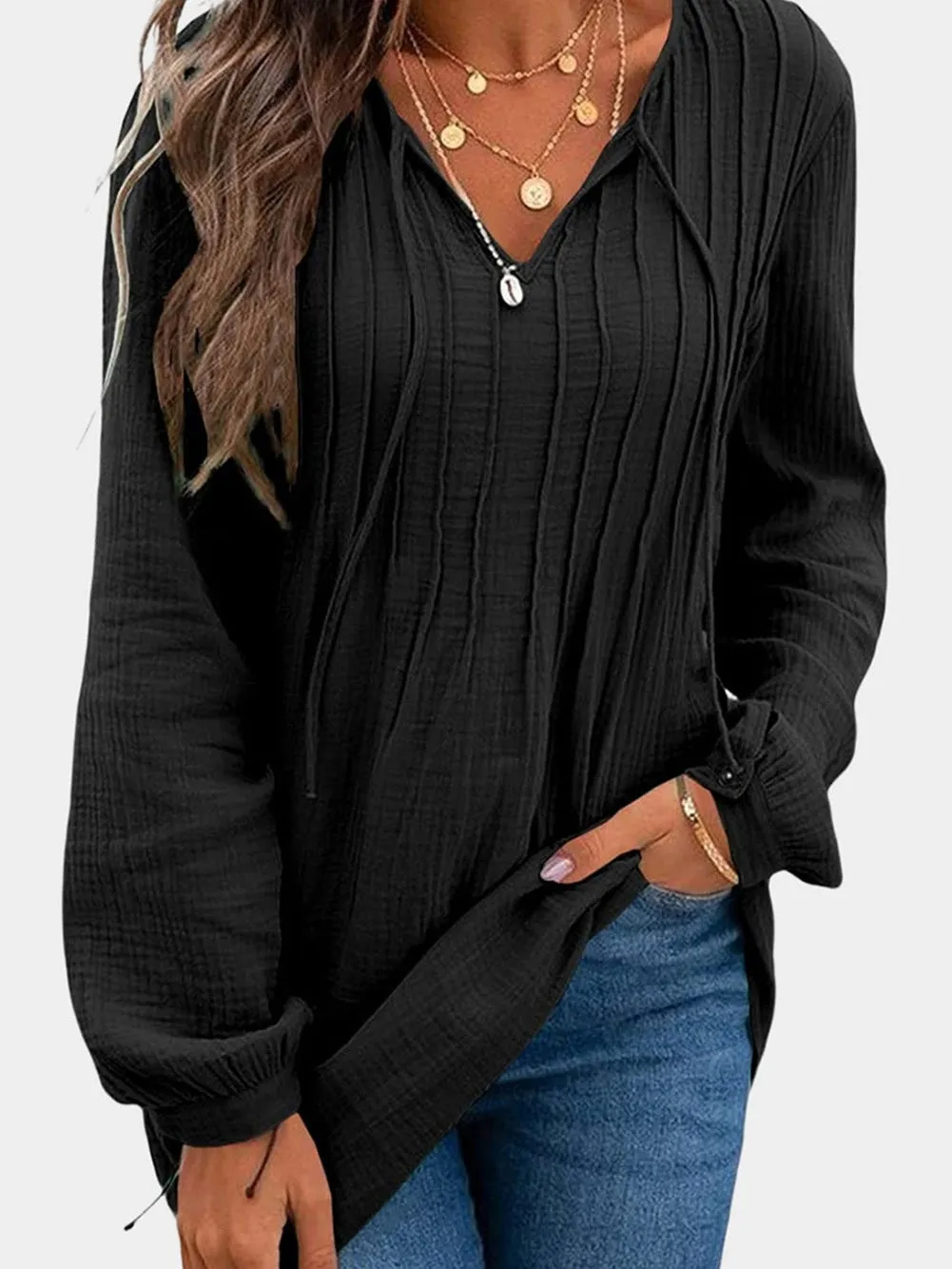 Casual Pleated V-Neck Tunic Blouse