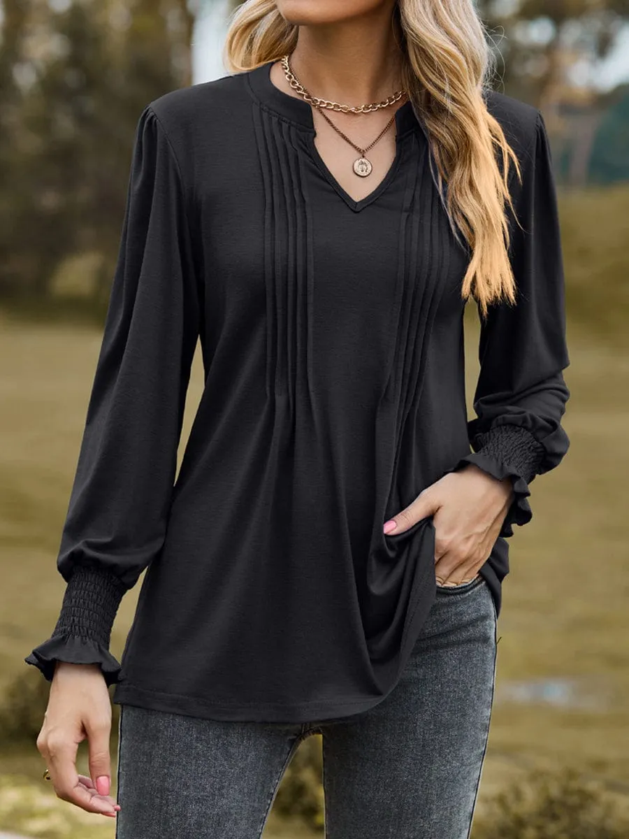 Casual Pleated V-Neck Tunic Blouse