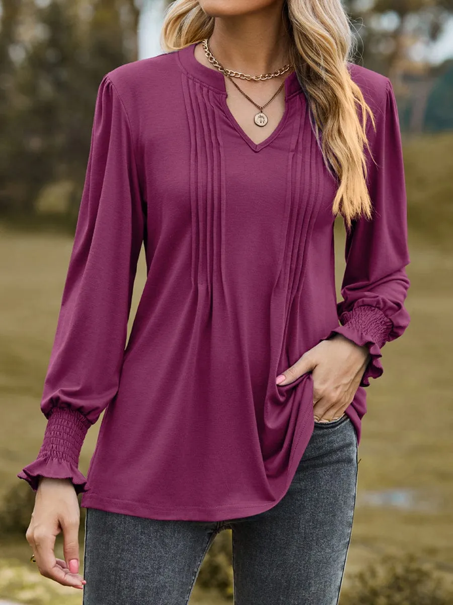 Casual Pleated V-Neck Tunic Blouse