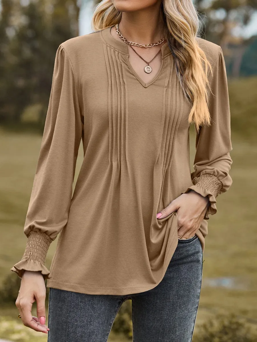 Casual Pleated V-Neck Tunic Blouse