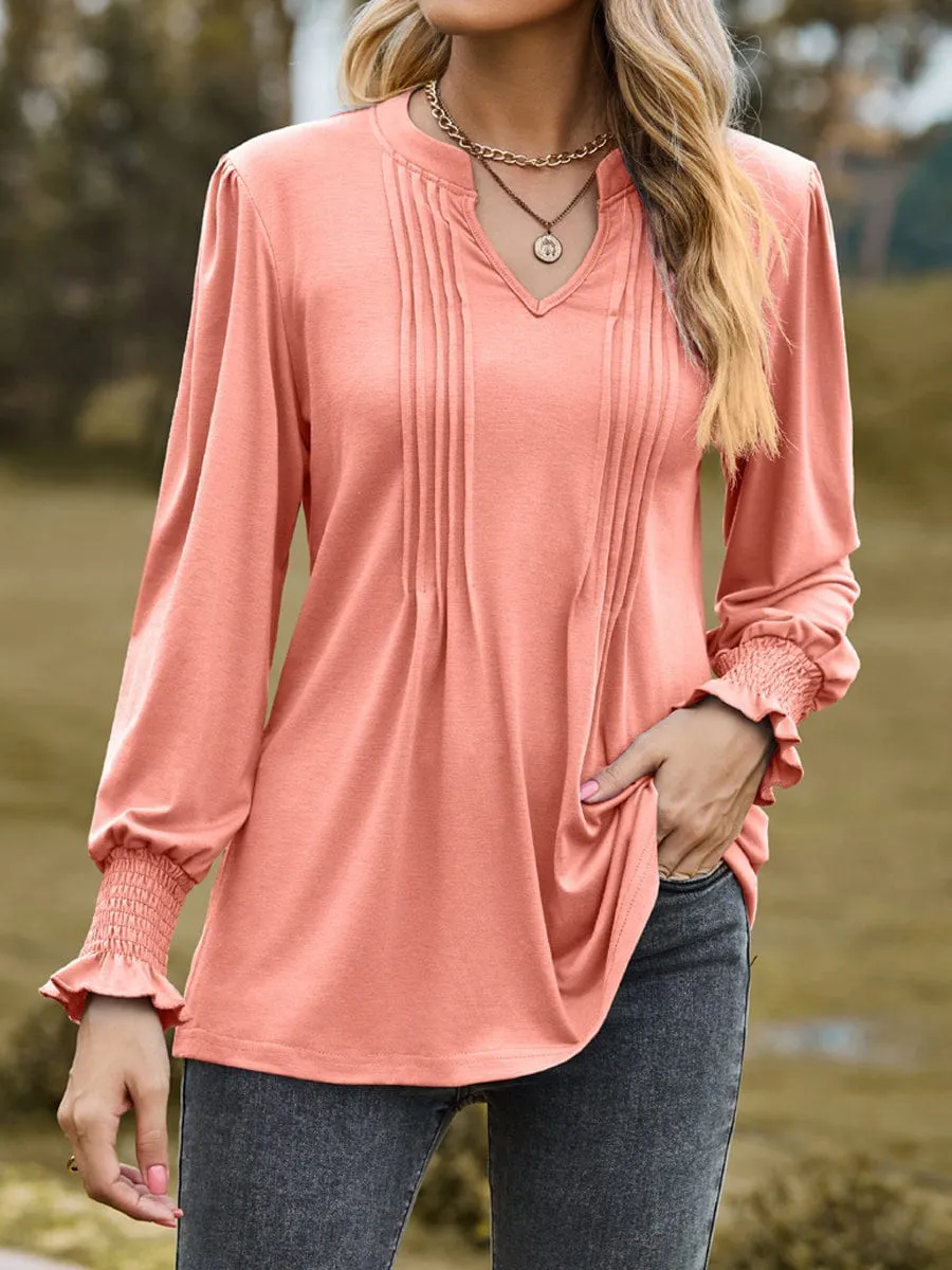 Casual Pleated V-Neck Tunic Blouse