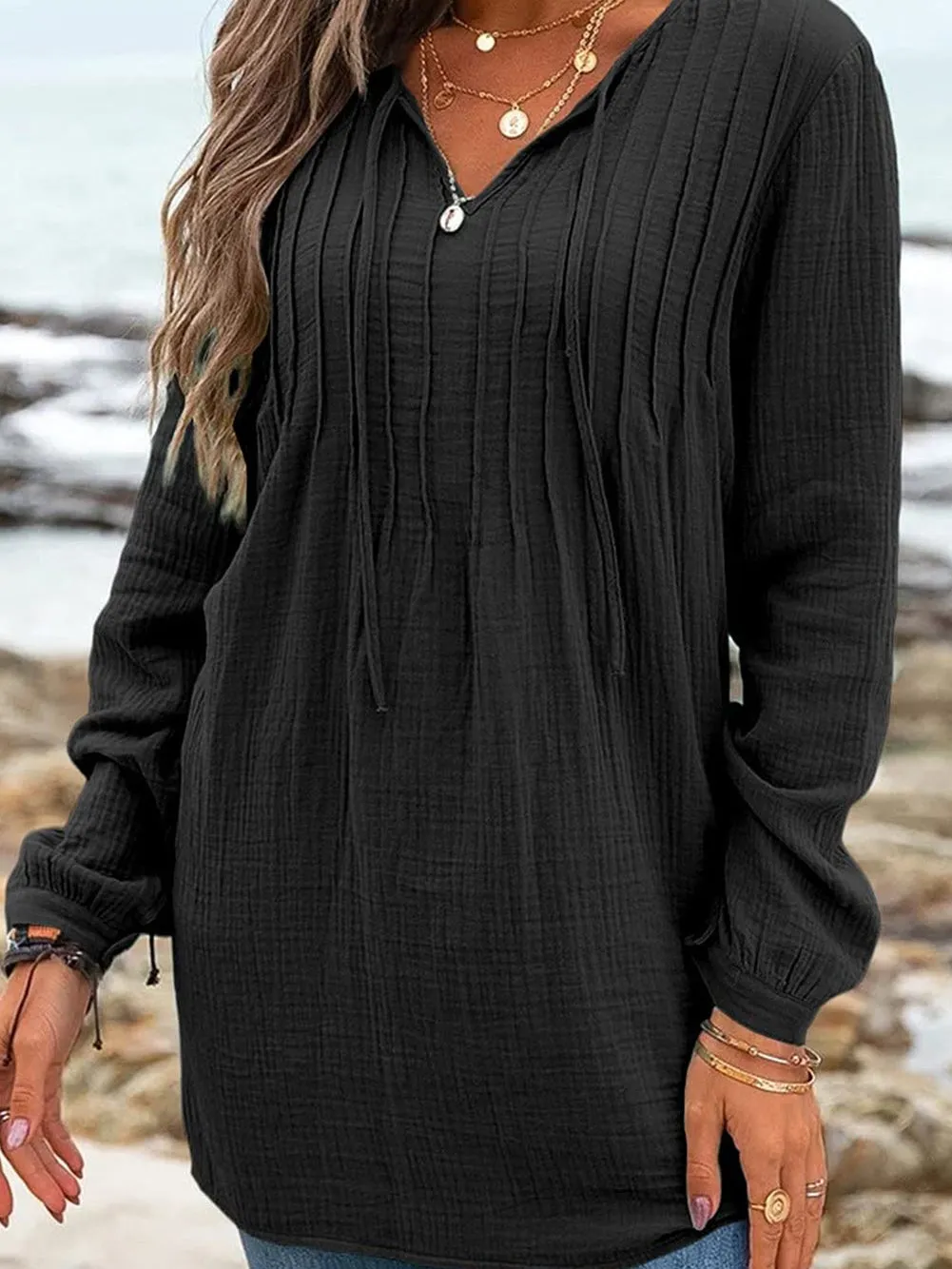 Casual Pleated V-Neck Tunic Blouse