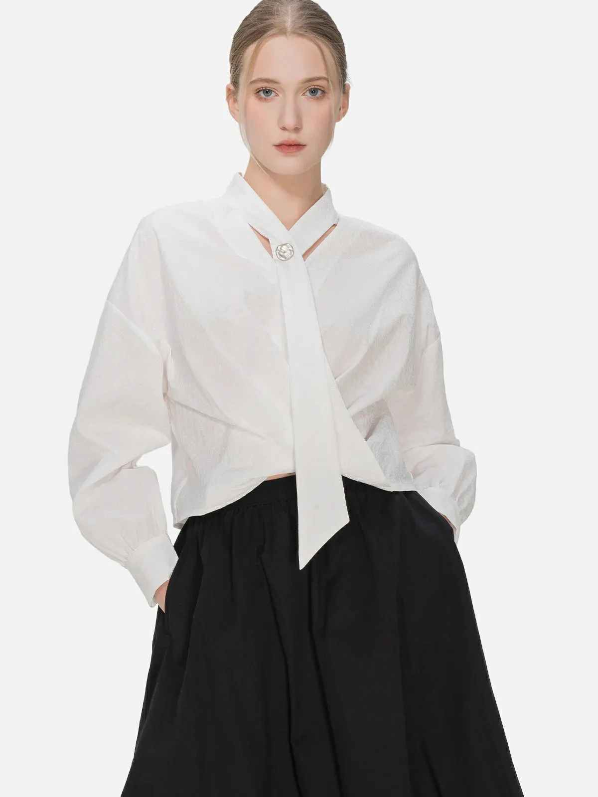 Charming Cross Pleated V-Neck Blouse