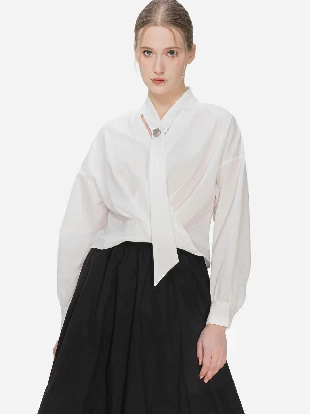 Charming Cross Pleated V-Neck Blouse