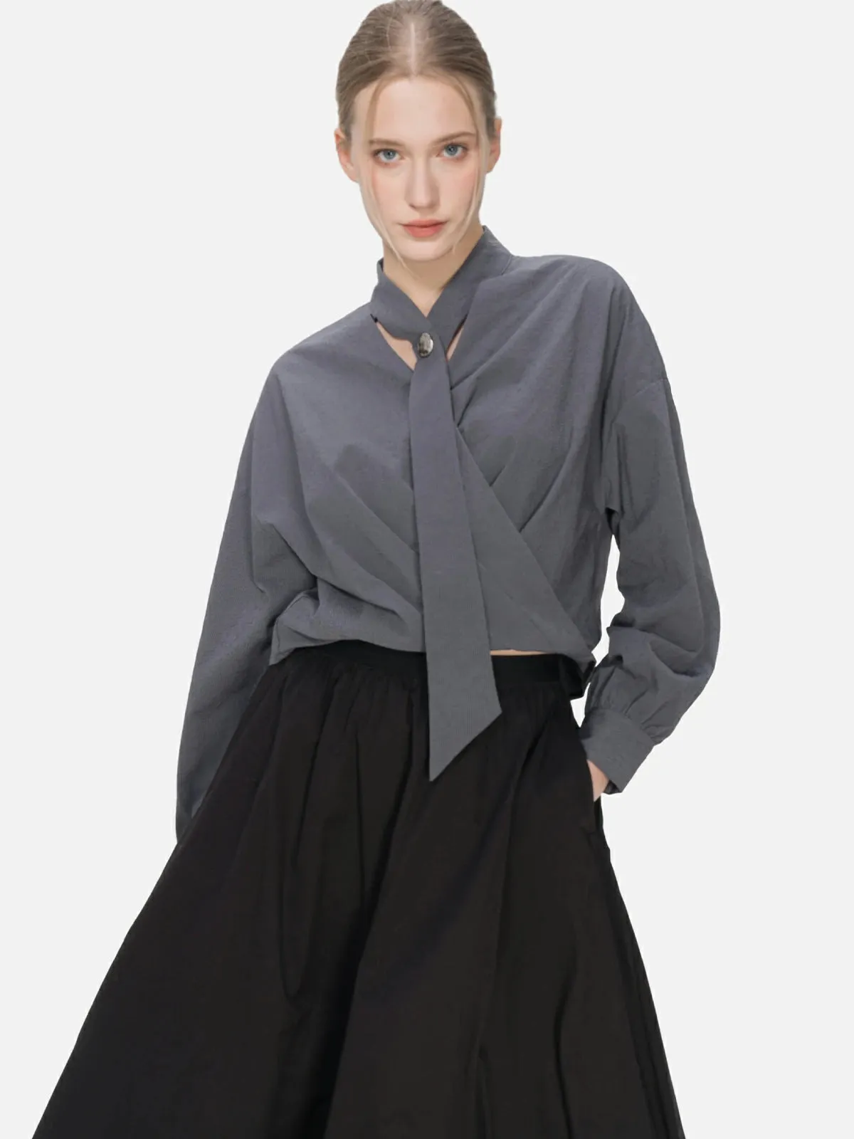 Charming Cross Pleated V-Neck Blouse