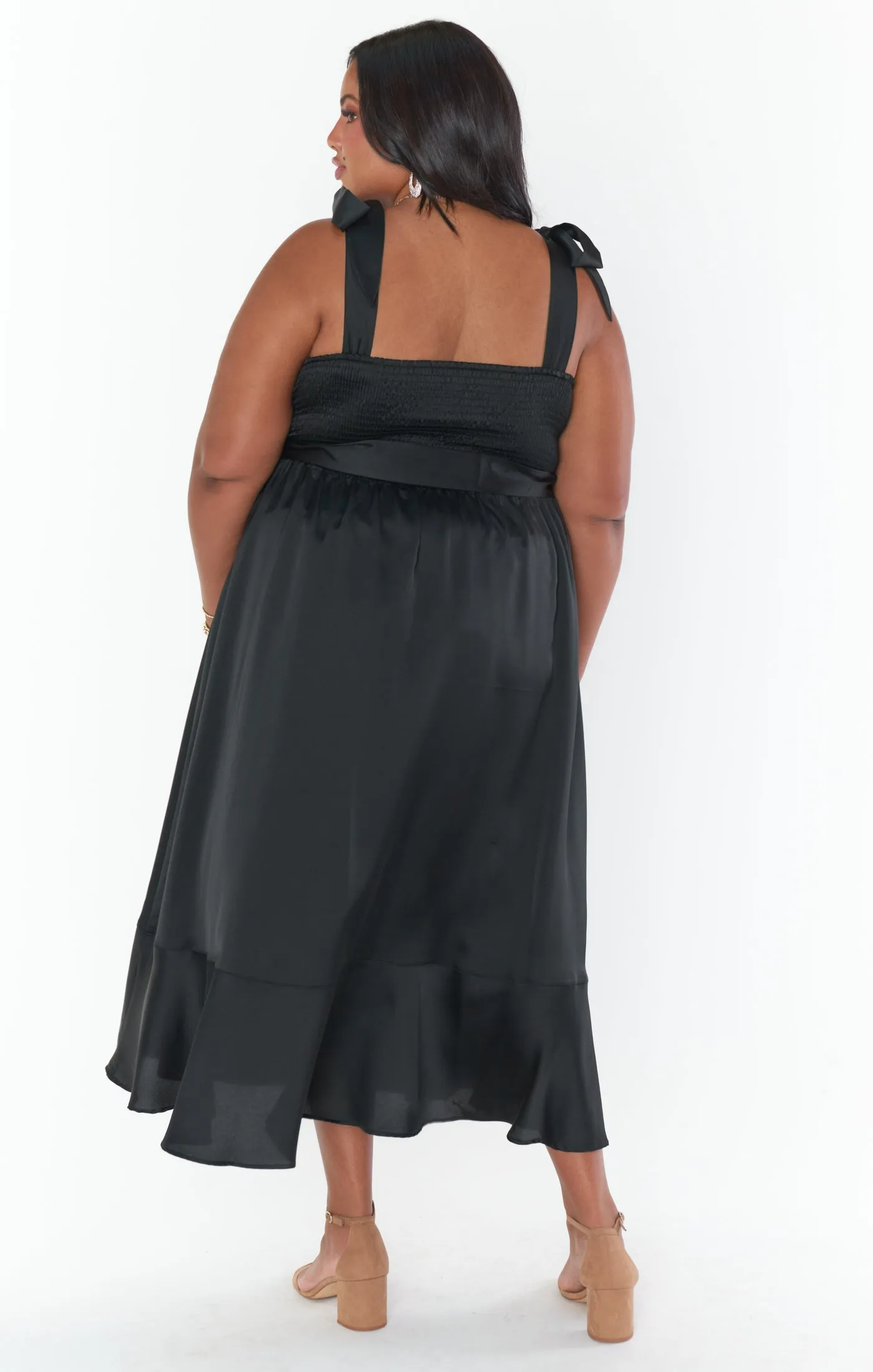 Claire Midi Dress ~ Black Luxe Satin