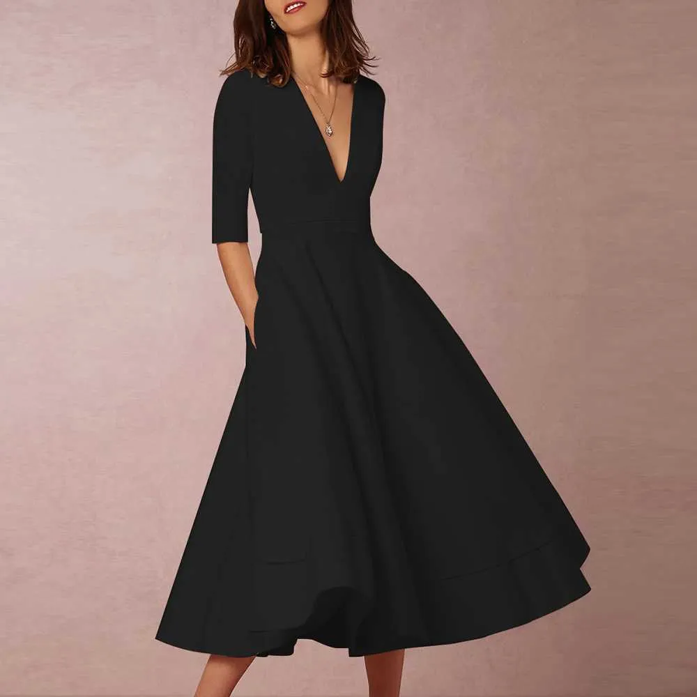 Classy Plunge Neckline Flowy Midi Work Dress