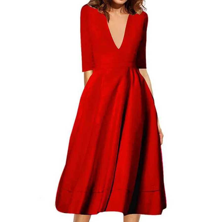 Classy Plunge Neckline Flowy Midi Work Dress