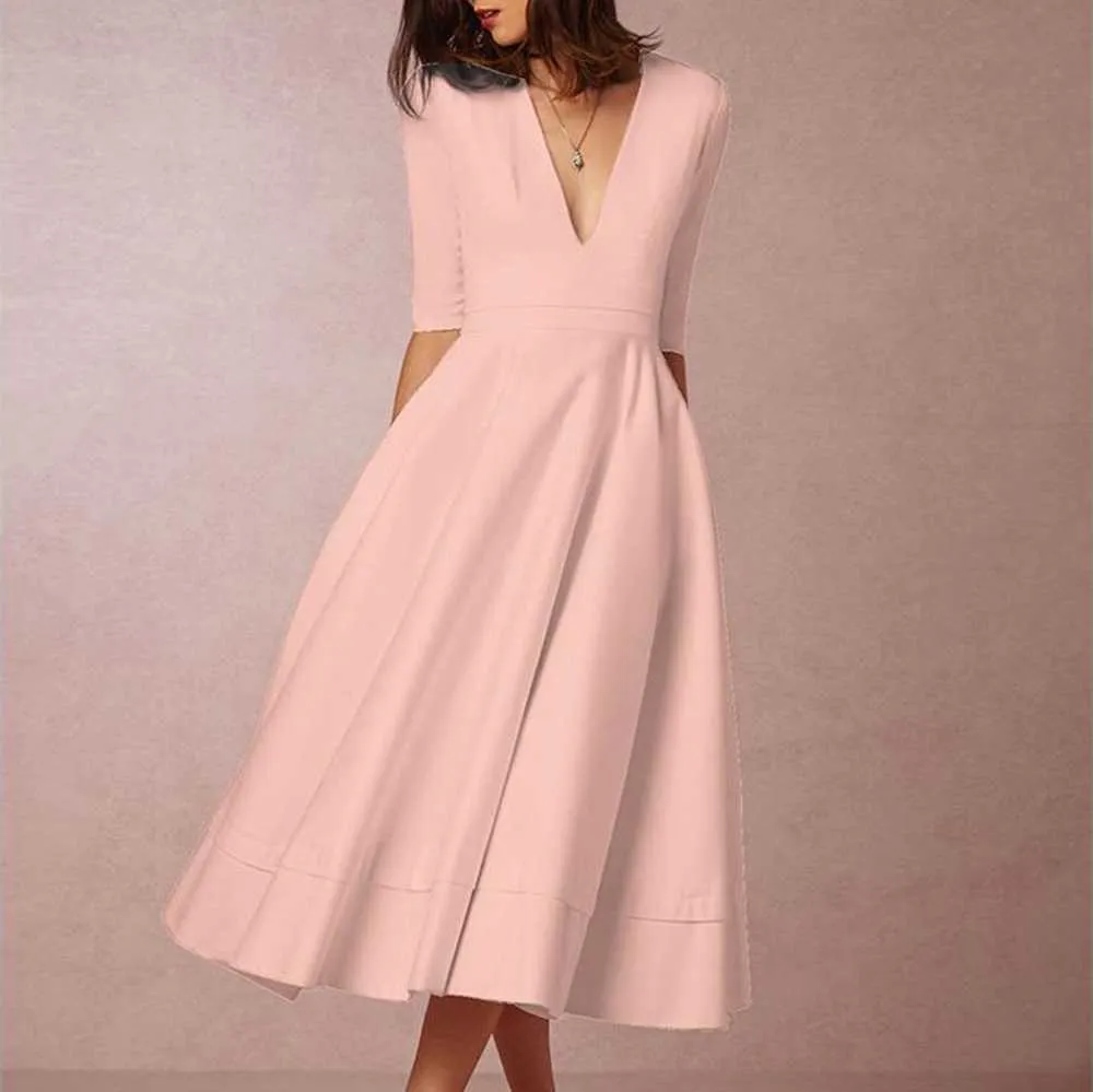 Classy Plunge Neckline Flowy Midi Work Dress