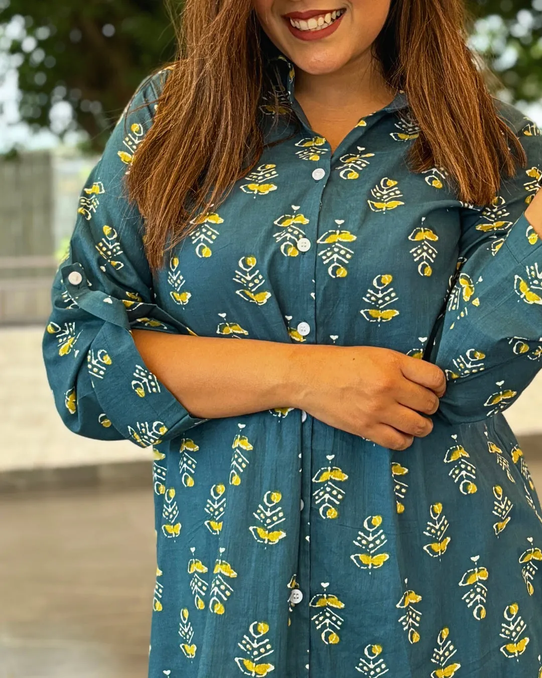 Dark Green Printed Long Cotton Aline Shirt