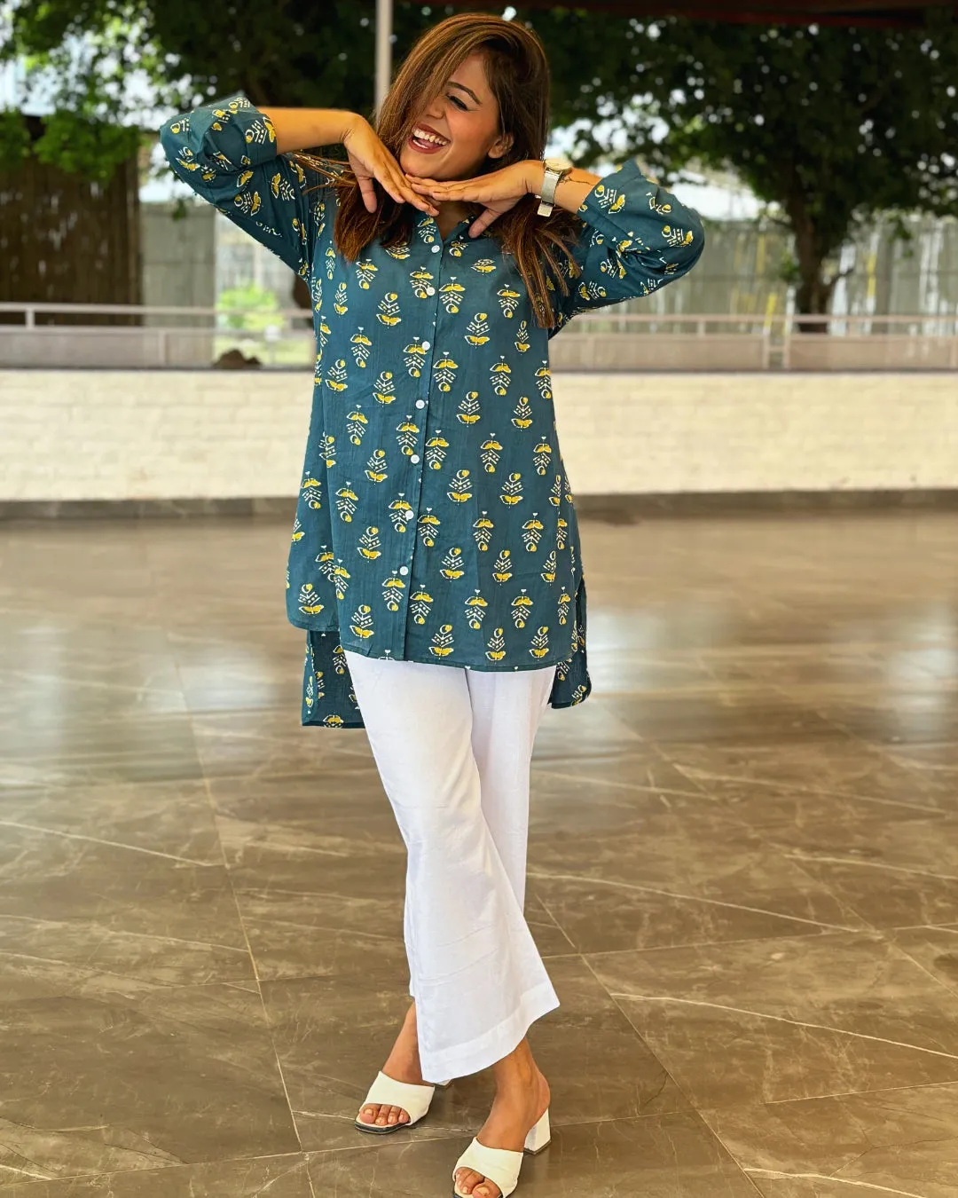 Dark Green Printed Long Cotton Aline Shirt