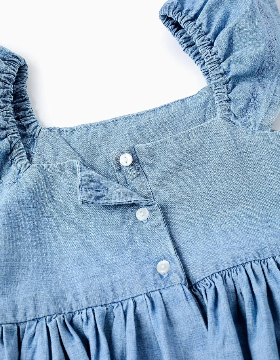 Denim Dress with Flowers for Girls, Blue