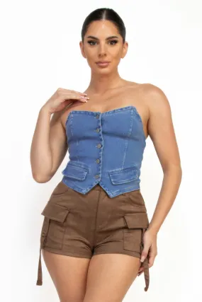 Denim tube button-down crop top