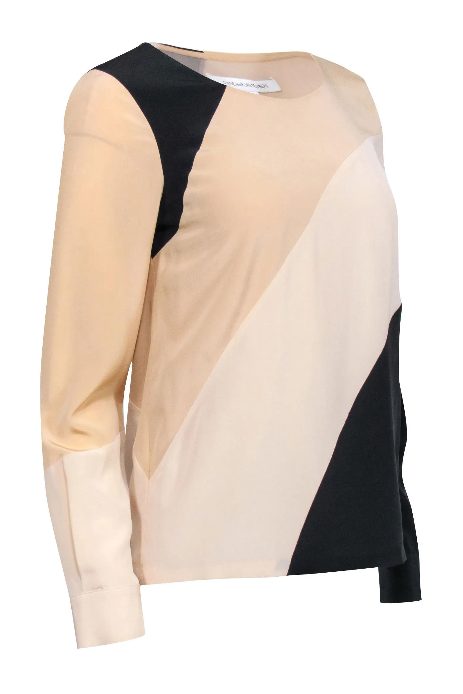 Diane von Furstenberg - Beige, Cream, & Black Striped Silk Long Sleeve Blouse Sz 4