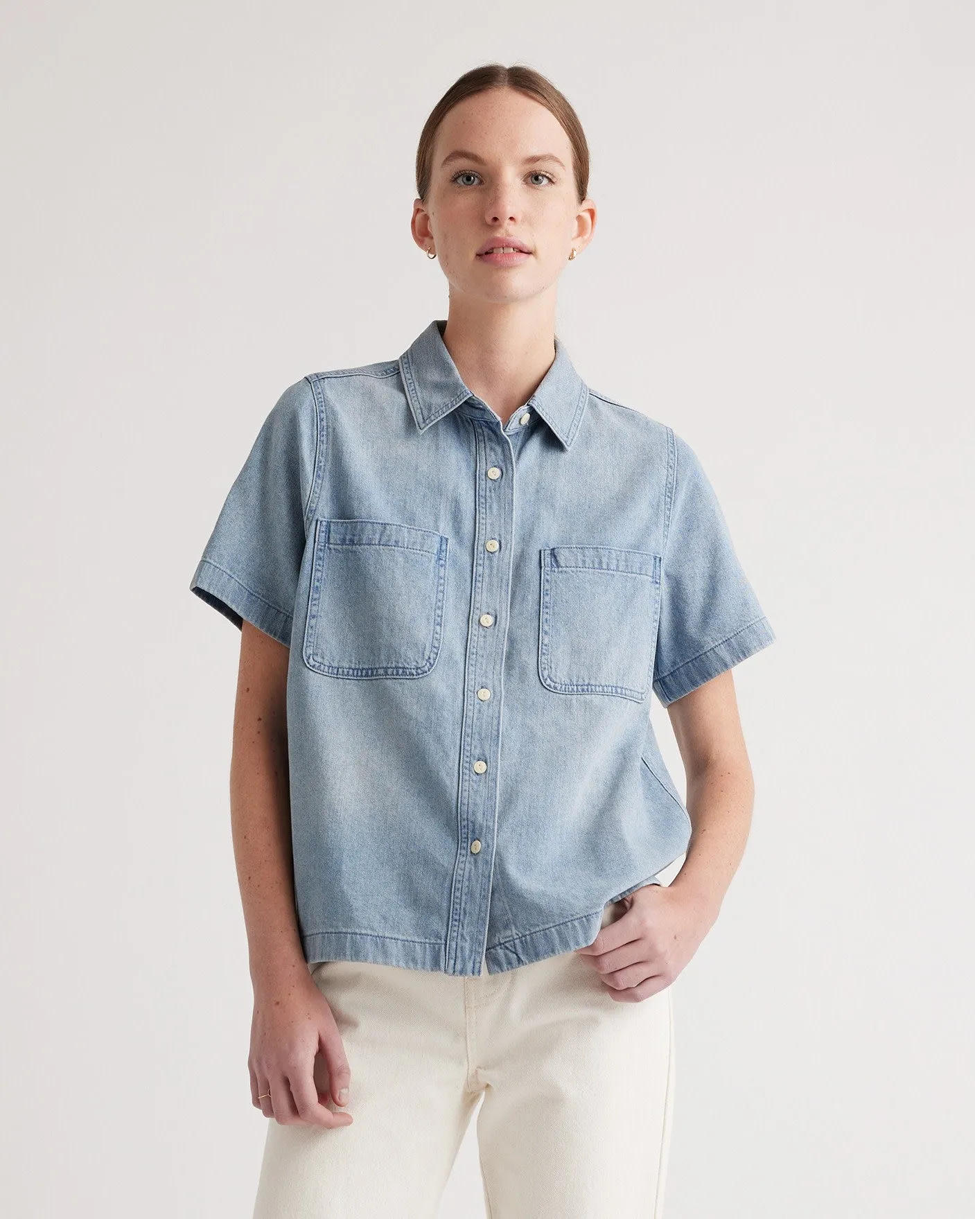 Distressed Denim Short Sleeve Shirt