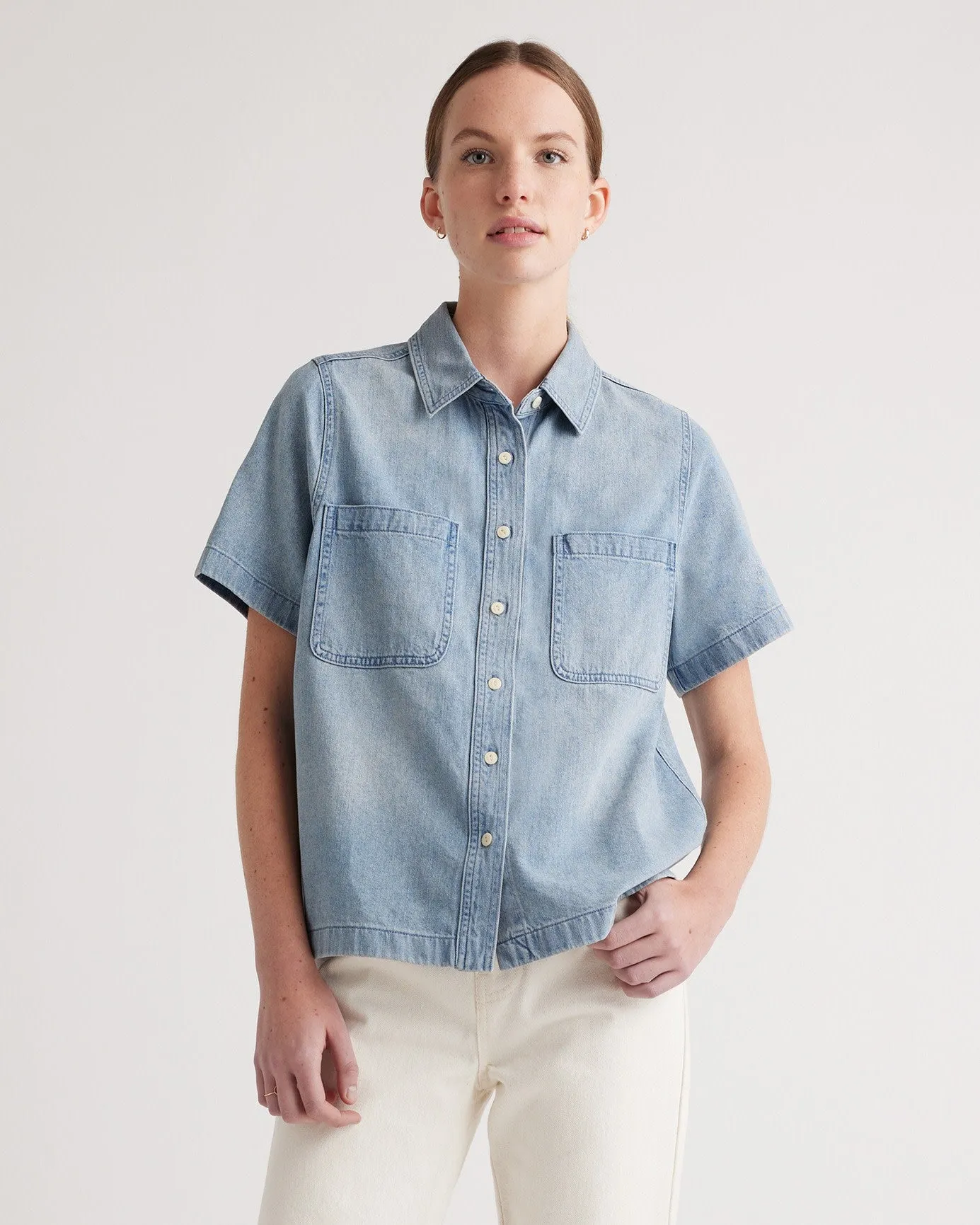 Distressed Denim Short Sleeve Shirt