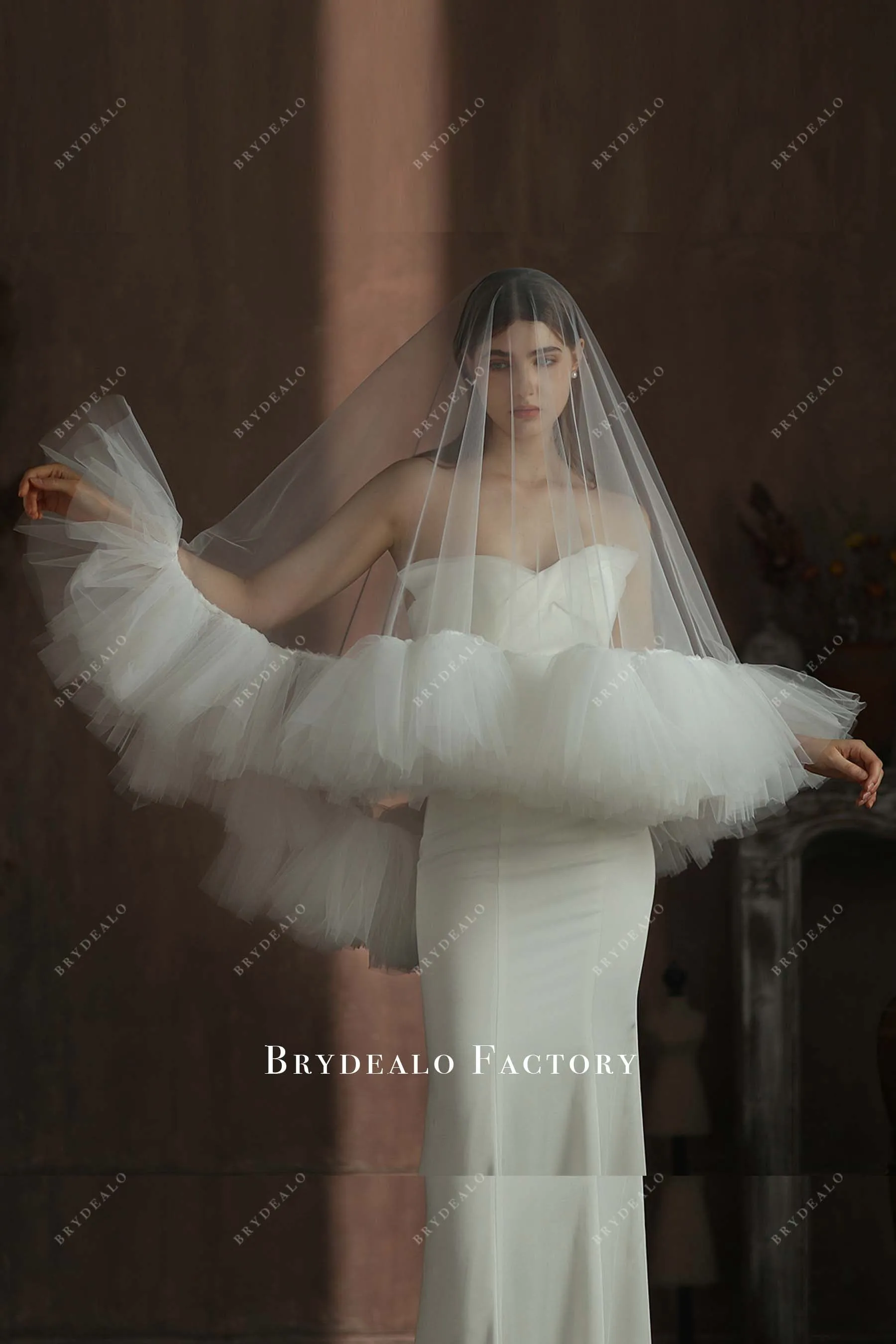 Dreamy Ruffled Tulle Waltz Length Wedding Veil