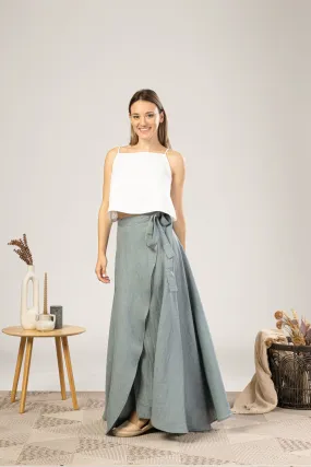 Dusty Blue Linen Wrap Maxi Skirt