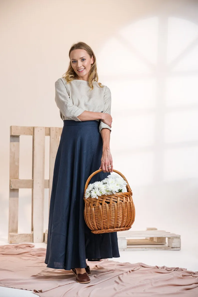 Dusty Blue Linen Wrap Maxi Skirt