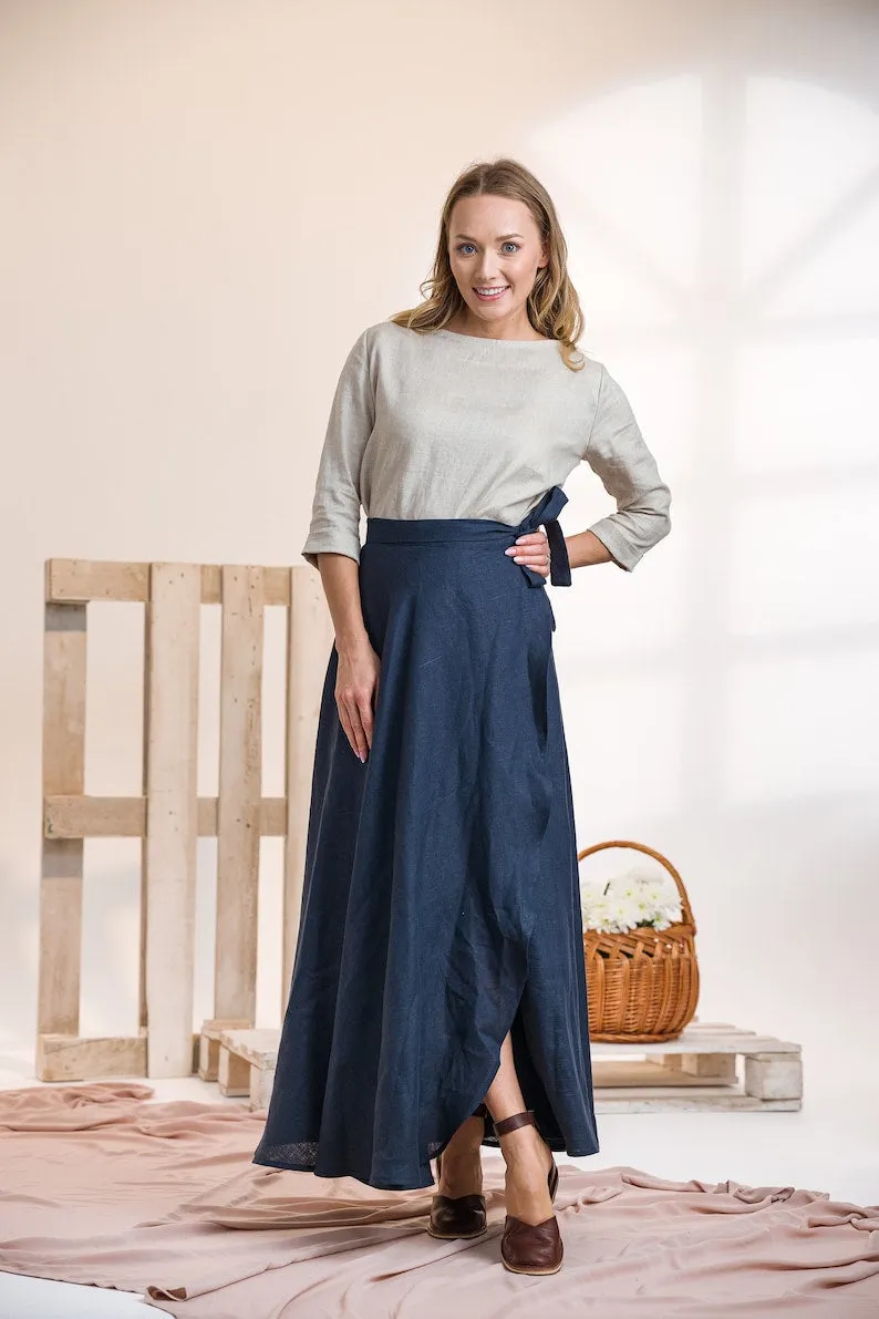 Dusty Blue Linen Wrap Maxi Skirt