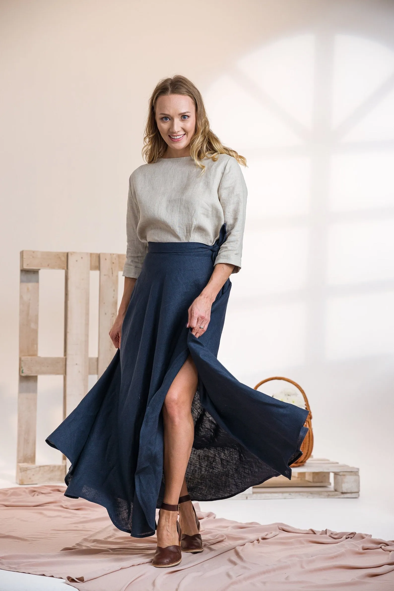 Dusty Blue Linen Wrap Maxi Skirt