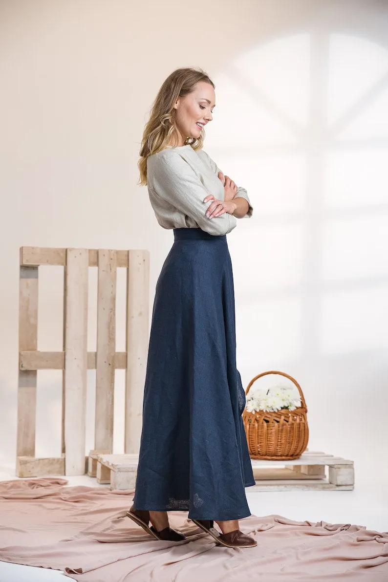 Dusty Blue Linen Wrap Maxi Skirt