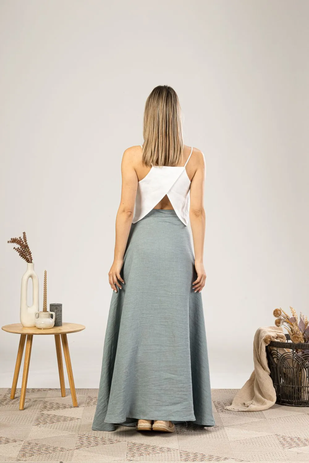 Dusty Blue Linen Wrap Maxi Skirt