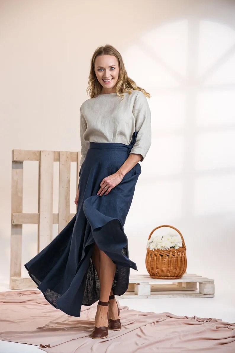 Dusty Blue Linen Wrap Maxi Skirt