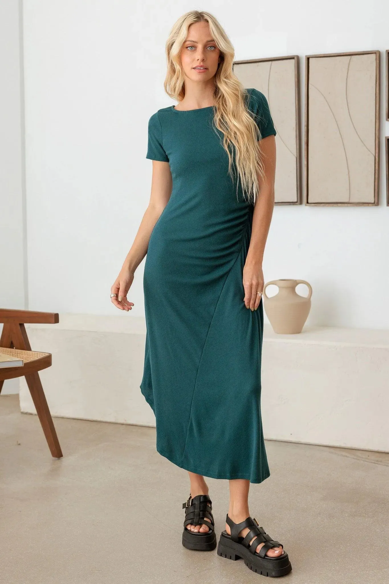 Elastic Ruching Asymmetrical Bottom Maxi Dress