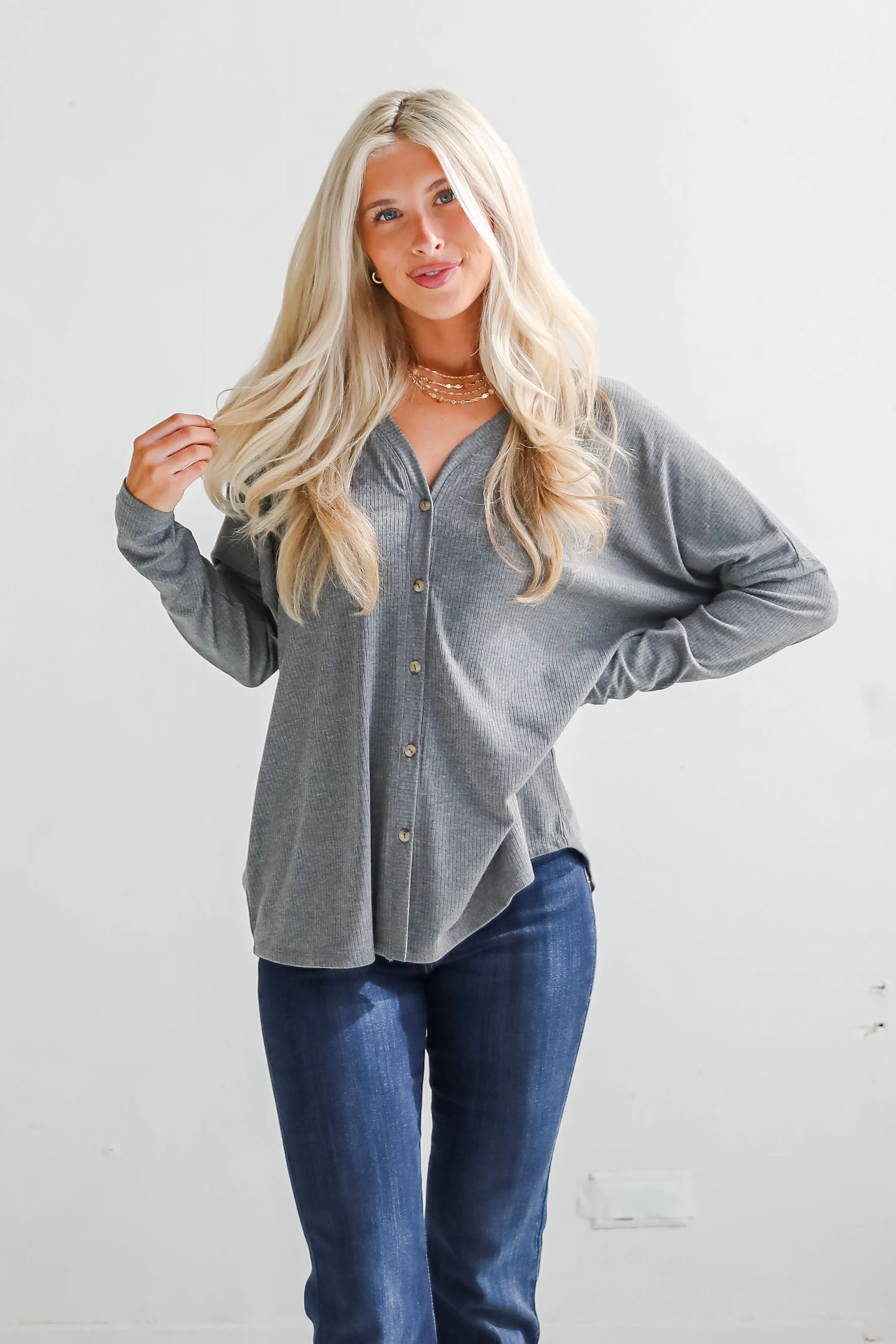 FINAL SALE - Cozy Classic Ribbed Knit Button Front Top