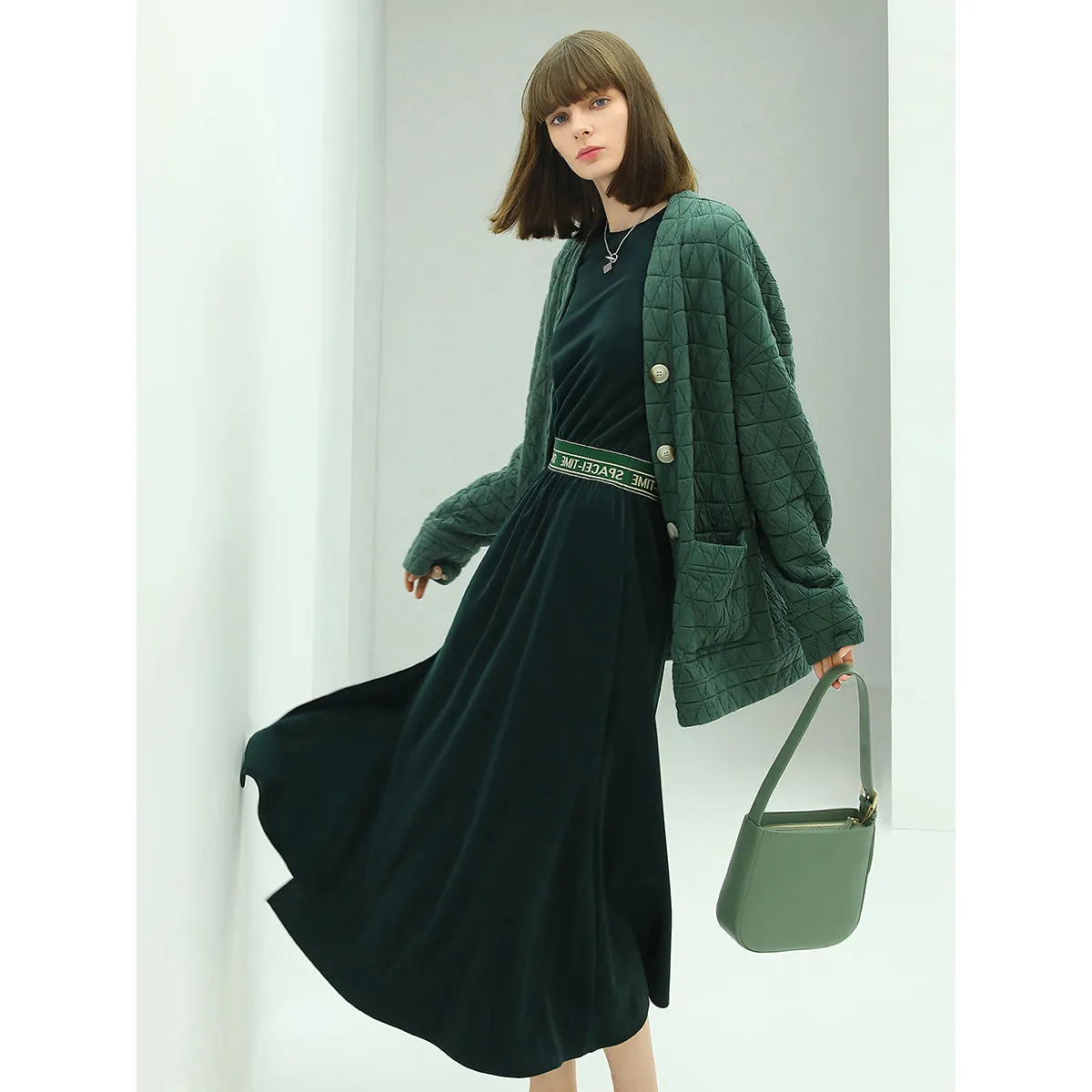 Floor Length Liquid Green Dress with Capped Sleeves