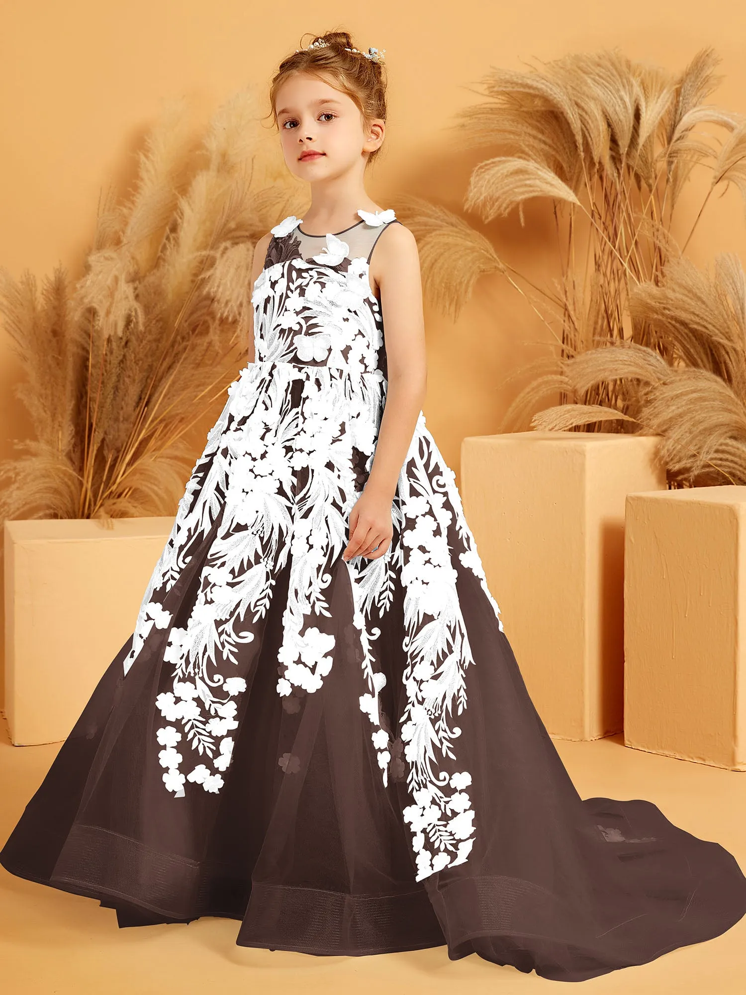 Floral Appliqued Tulle Ball-Gown with 3D Butterfly Accents Chocolate