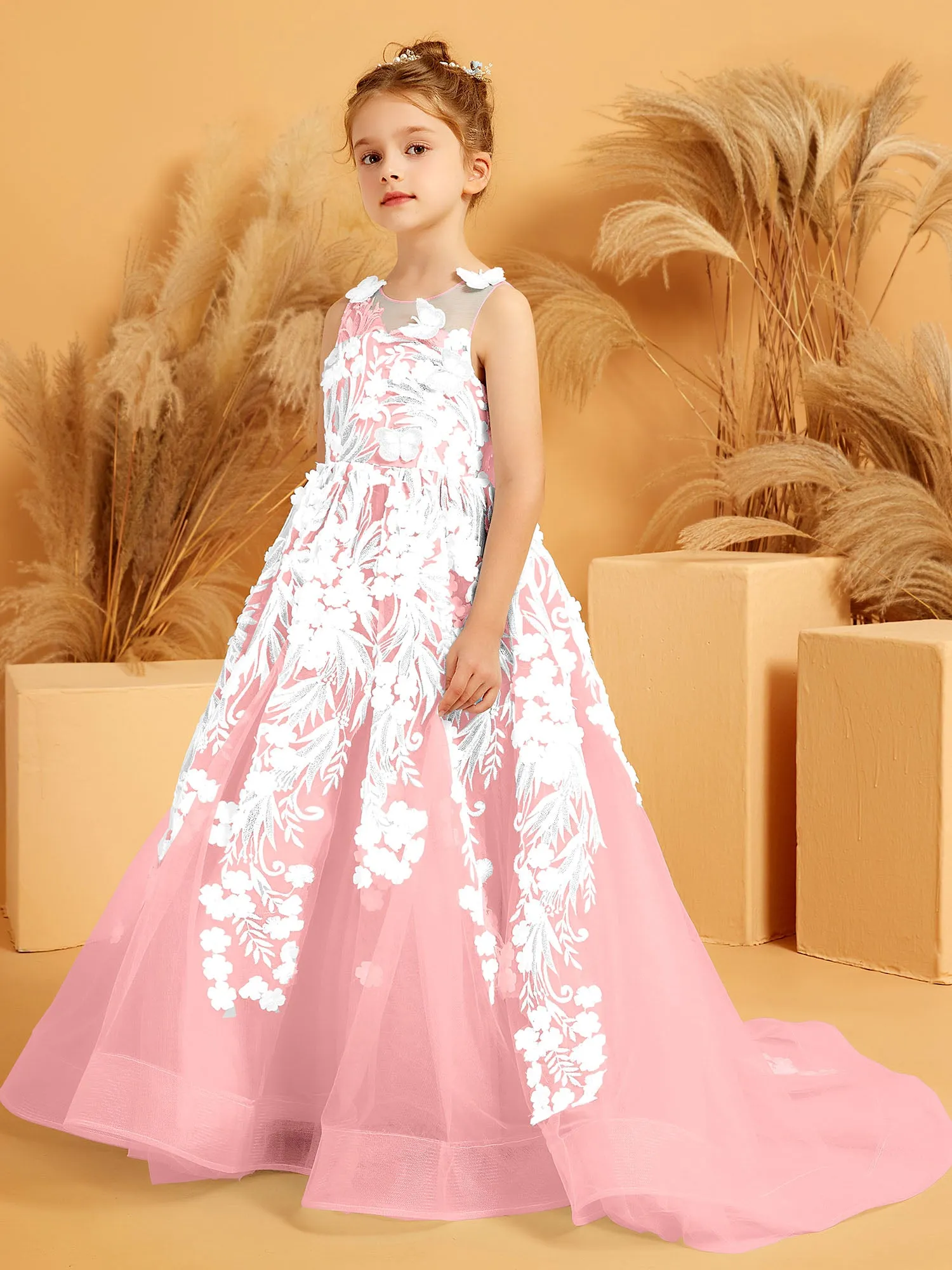 Floral Appliqued Tulle Ball-Gown with 3D Butterfly Accents Flamingo