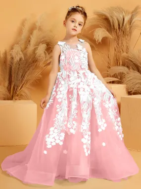 Floral Appliqued Tulle Ball-Gown with 3D Butterfly Accents Flamingo