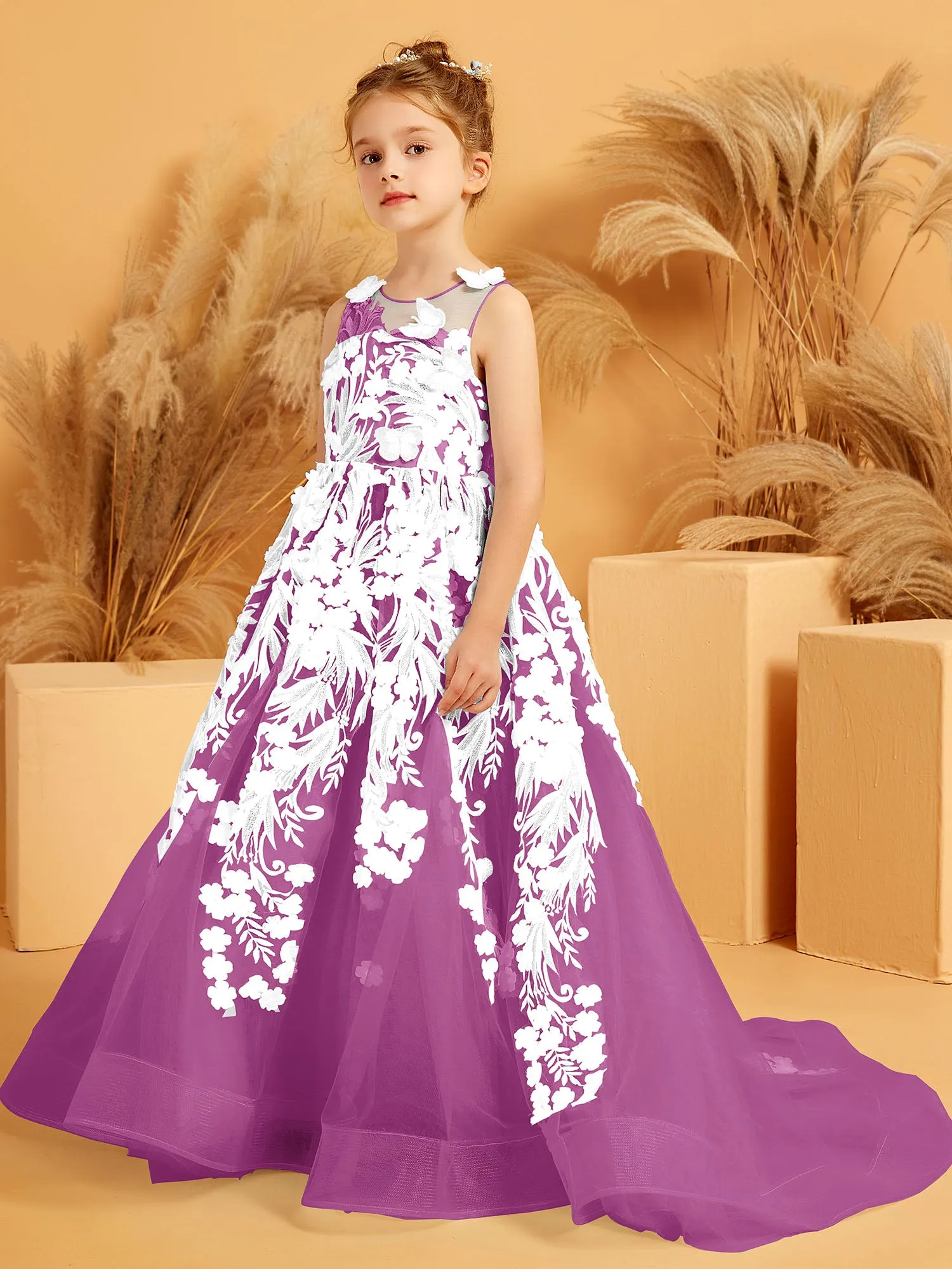 Floral Appliqued Tulle Ball-Gown with 3D Butterfly Accents Orchid