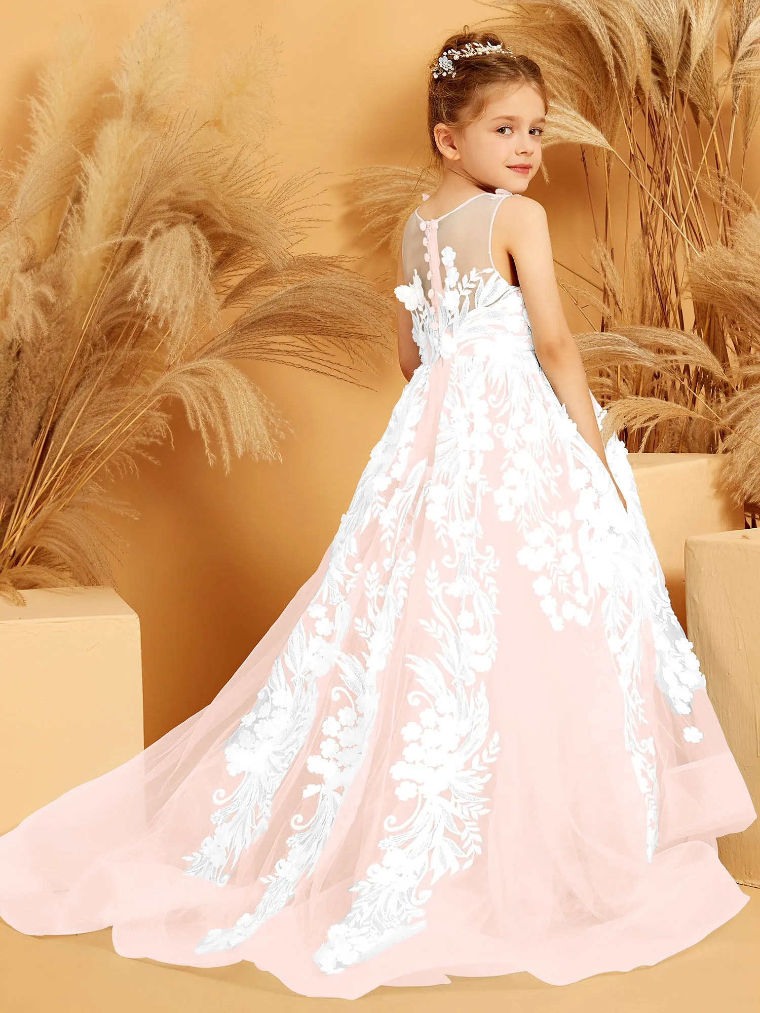 Floral Appliqued Tulle Ball-Gown with 3D Butterfly Accents Pearl Pink