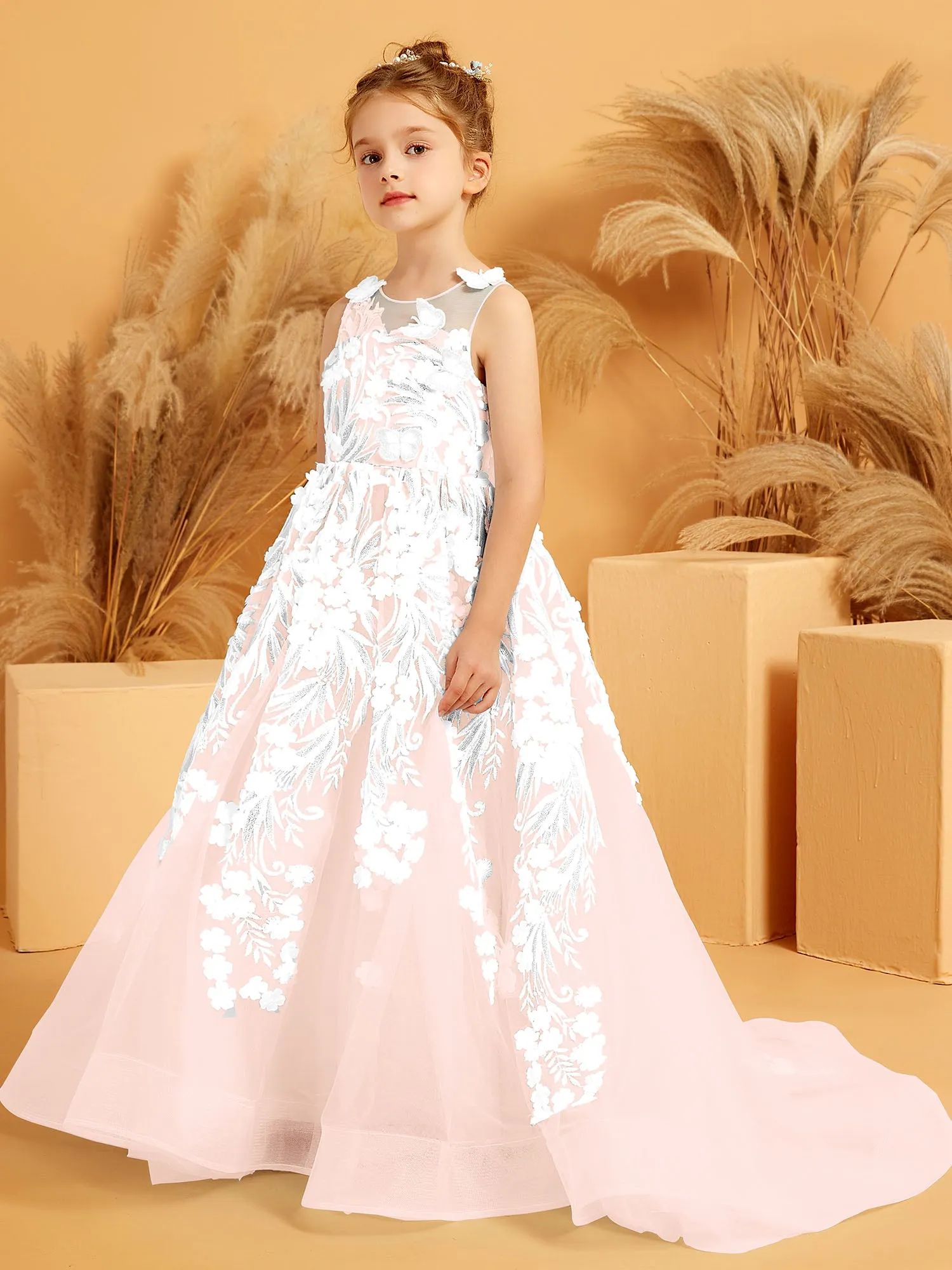 Floral Appliqued Tulle Ball-Gown with 3D Butterfly Accents Pearl Pink