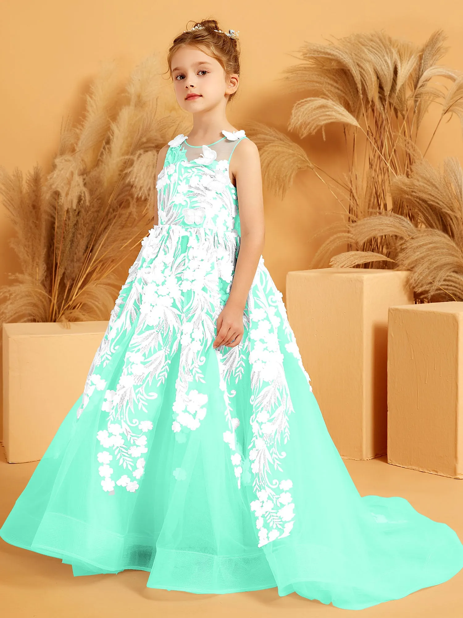 Floral Appliqued Tulle Ball-Gown with 3D Butterfly Accents Turquoise