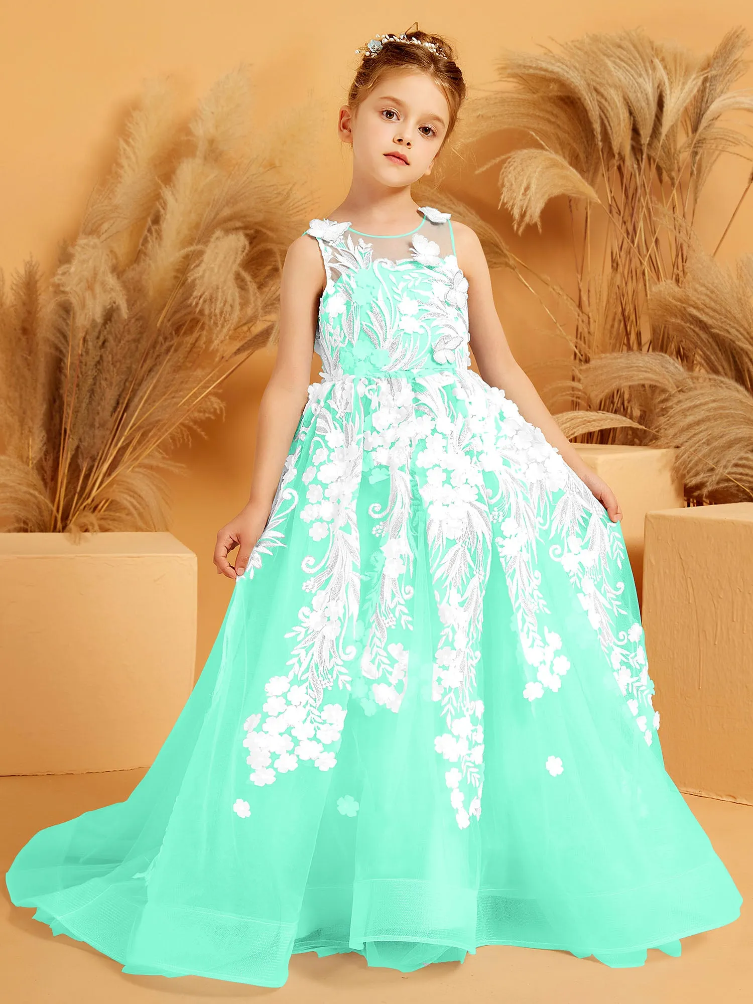 Floral Appliqued Tulle Ball-Gown with 3D Butterfly Accents Turquoise