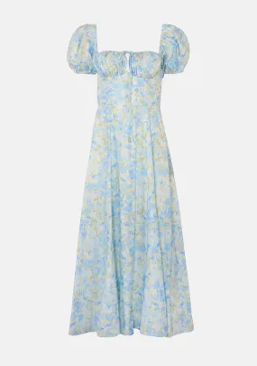 Floral Print Puff Sleeve Shirring Midi Dress