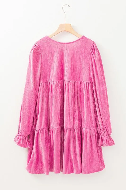 Flounce Sleeve Tiered Ruffled Velvet Mini Dress