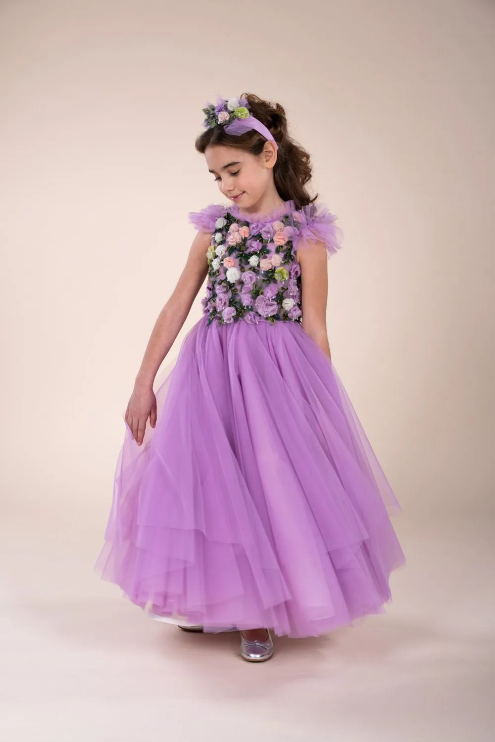 Flower Embellished Tulle Gown