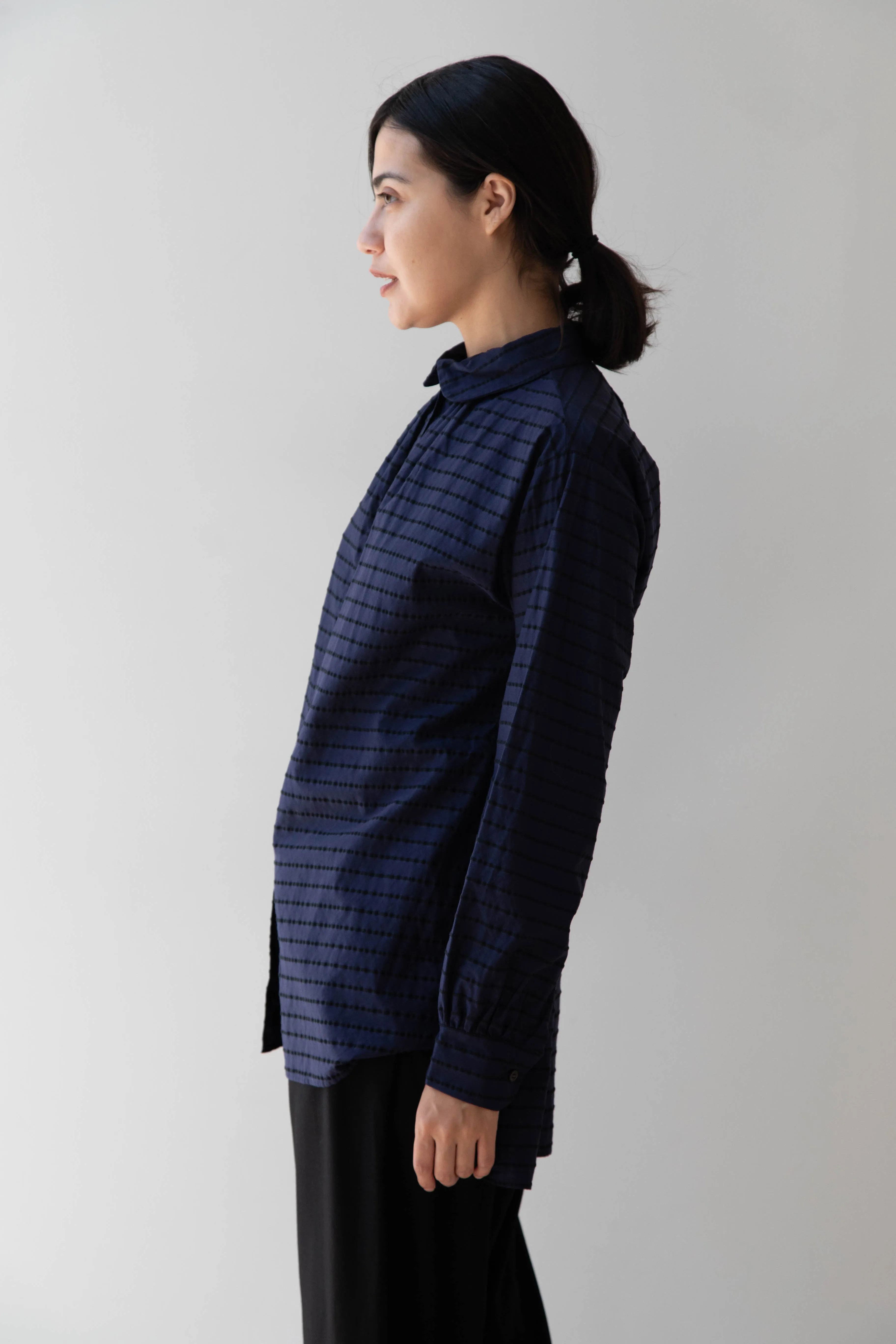 Gallego Desportes | Round Collar Shirt in Indigo Stripe