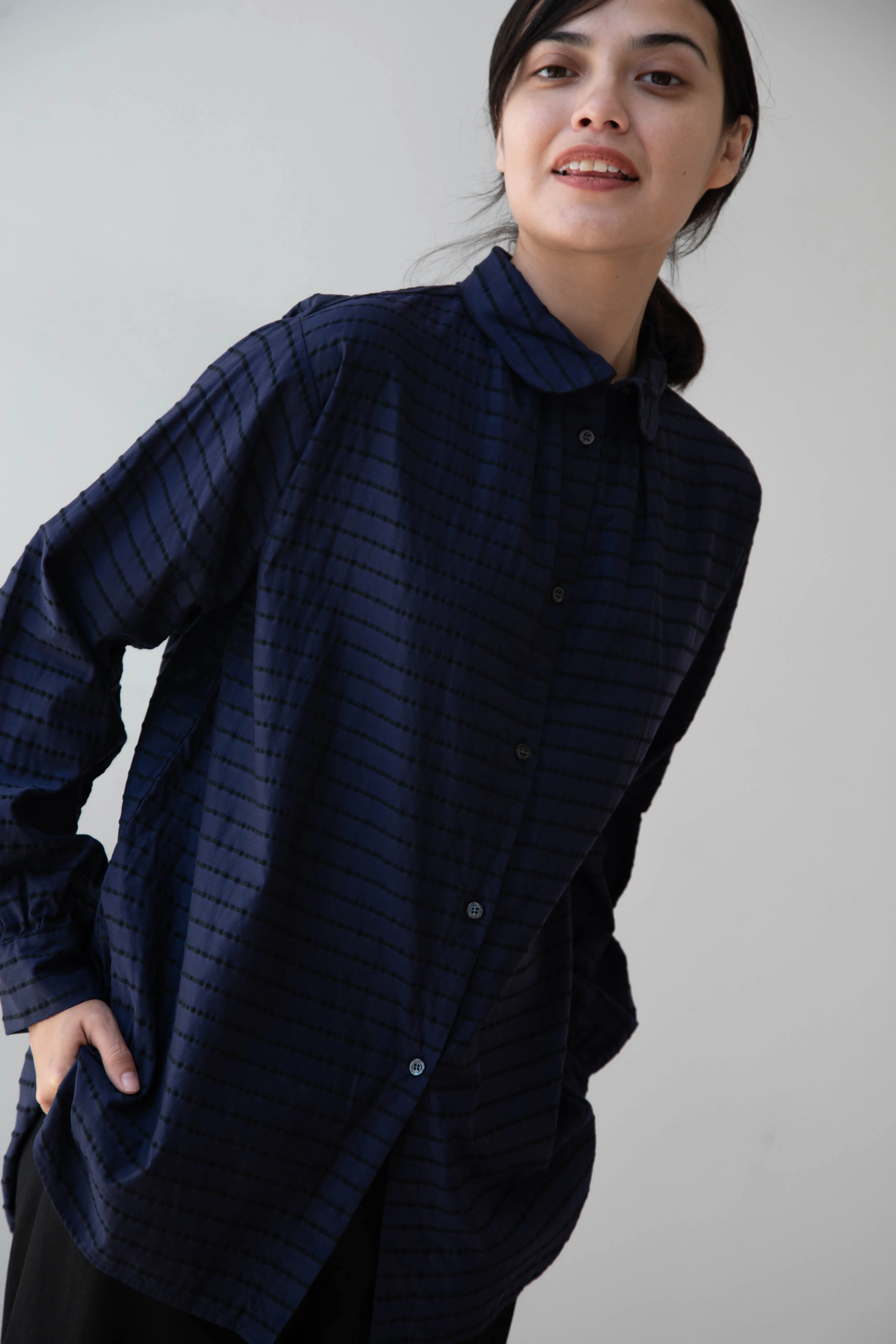 Gallego Desportes | Round Collar Shirt in Indigo Stripe