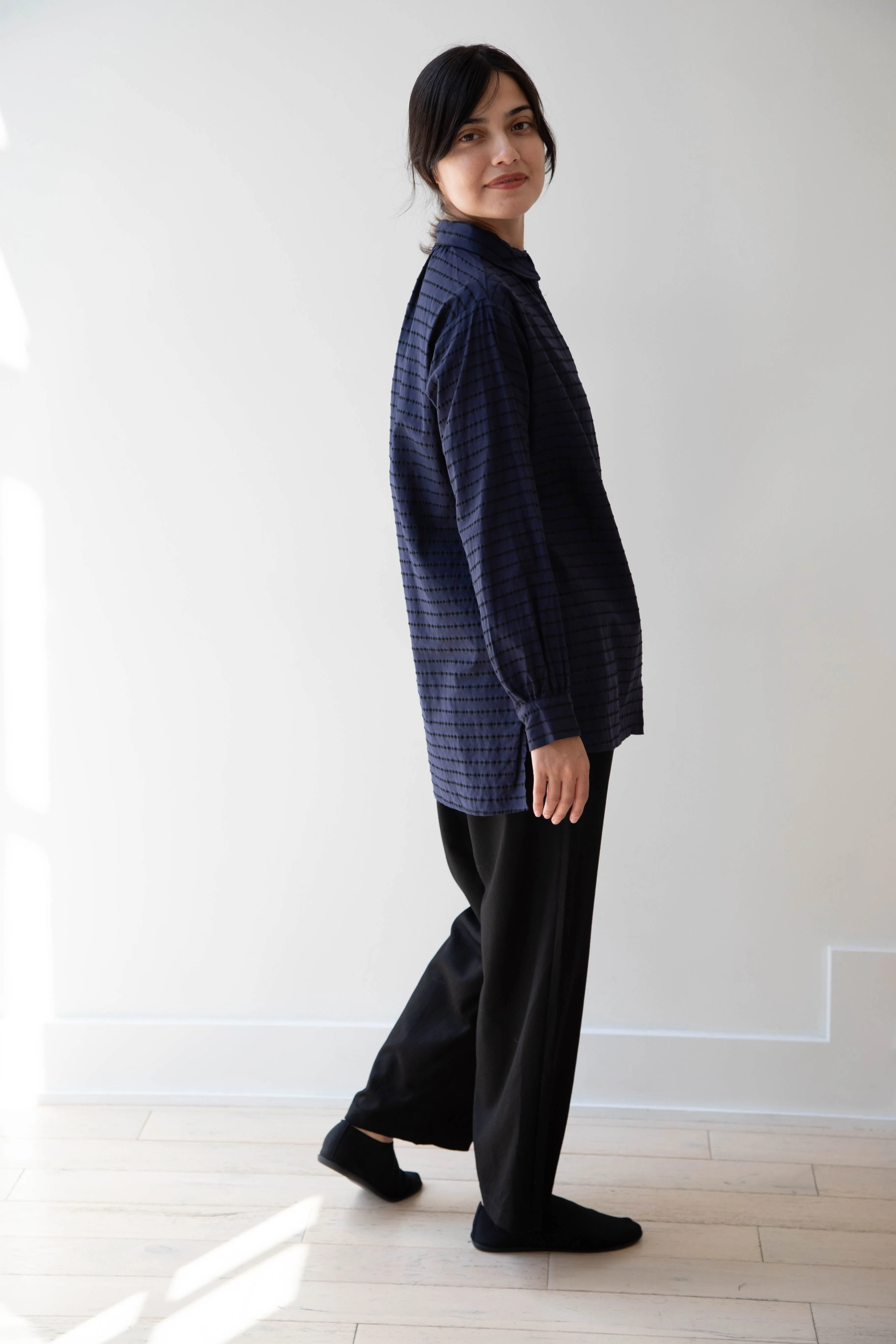 Gallego Desportes | Round Collar Shirt in Indigo Stripe