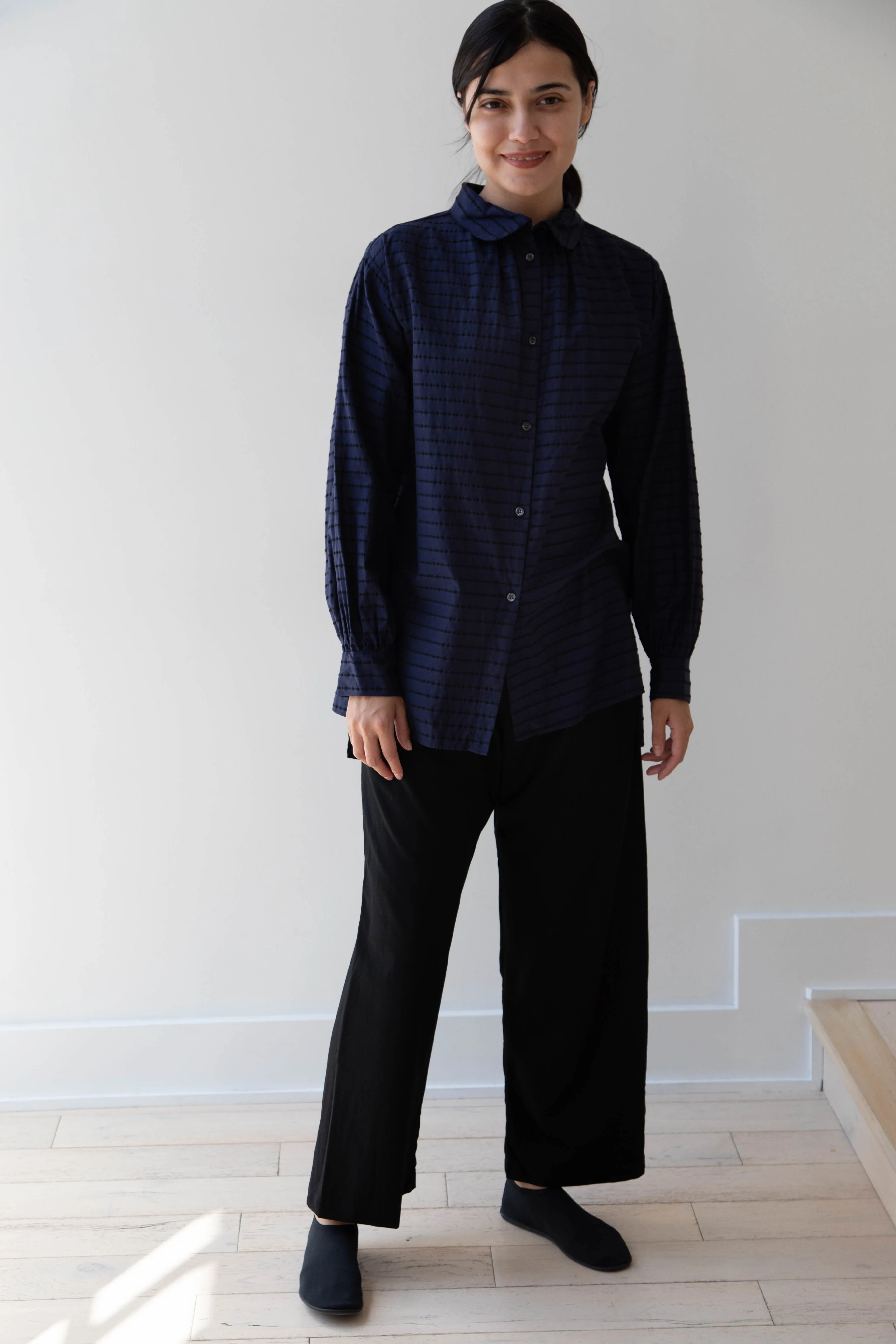 Gallego Desportes | Round Collar Shirt in Indigo Stripe