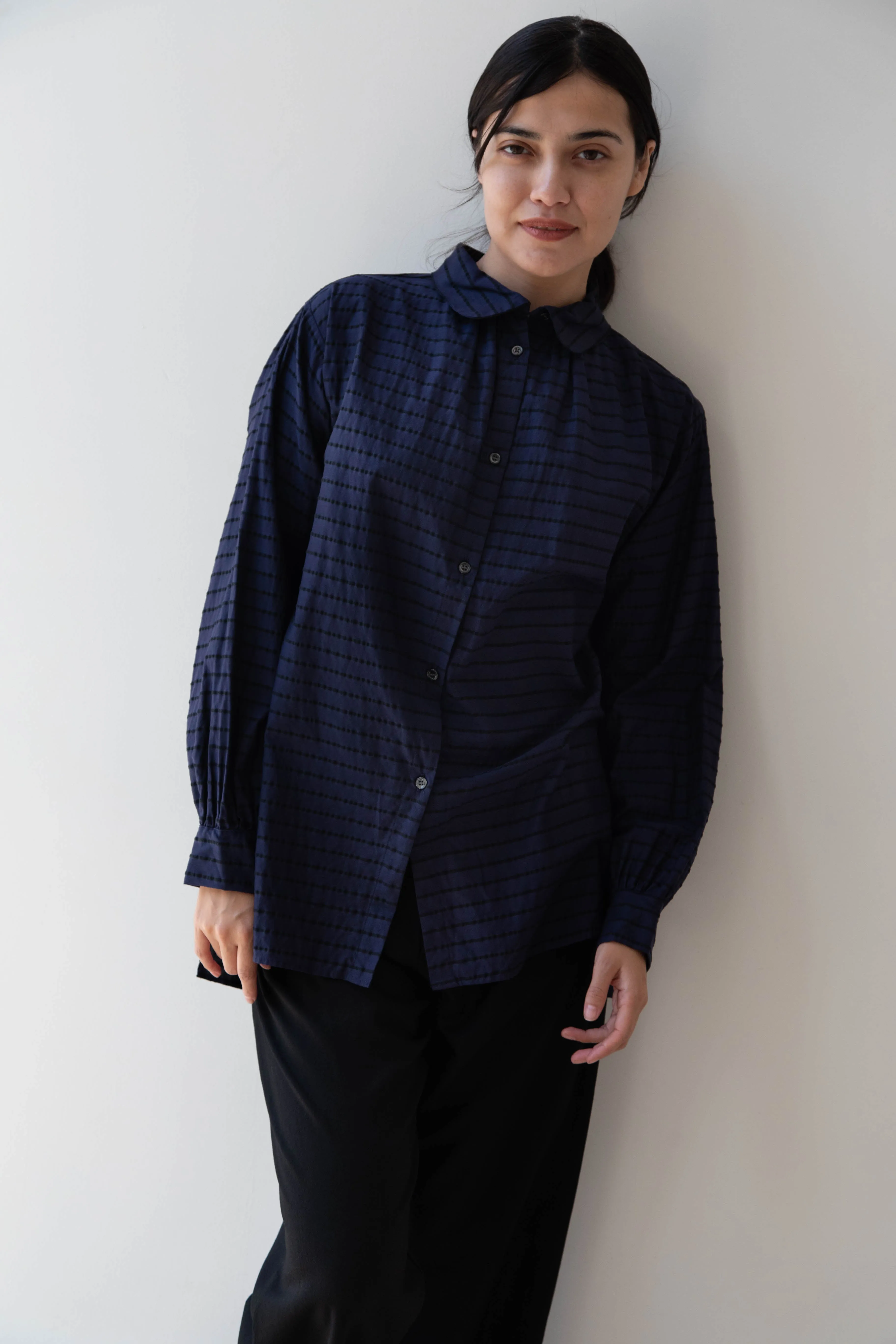 Gallego Desportes | Round Collar Shirt in Indigo Stripe