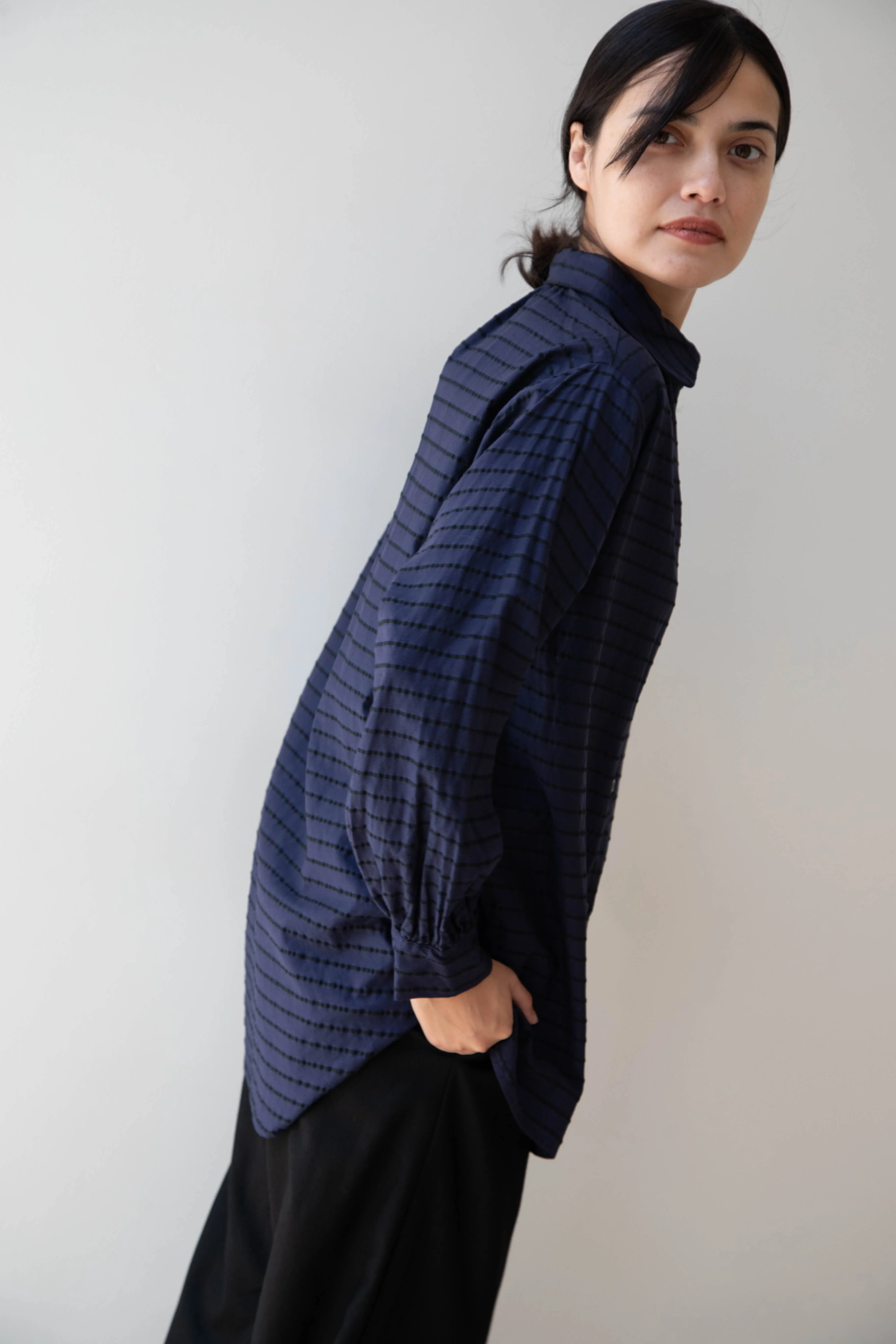 Gallego Desportes | Round Collar Shirt in Indigo Stripe