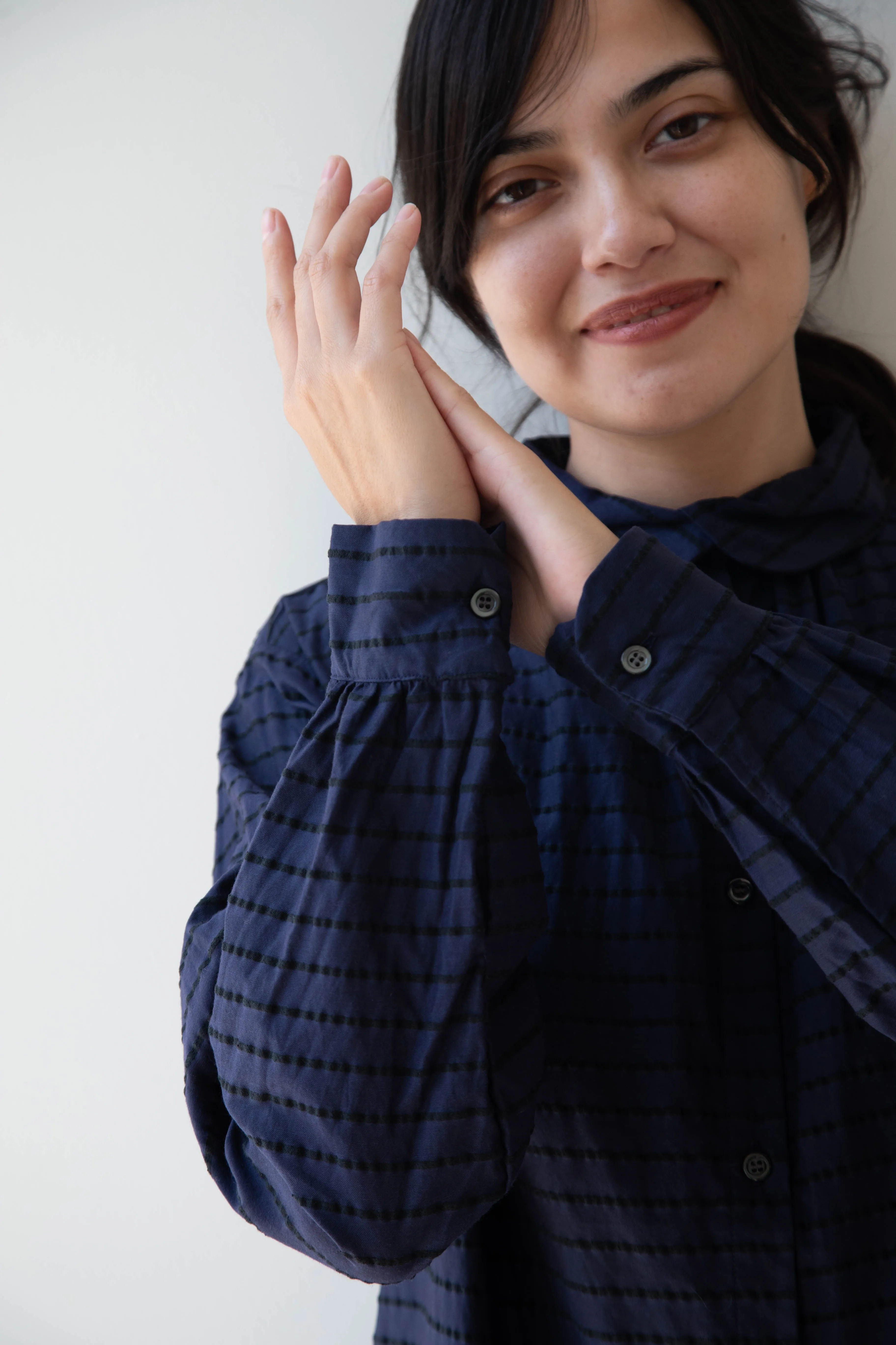 Gallego Desportes | Round Collar Shirt in Indigo Stripe